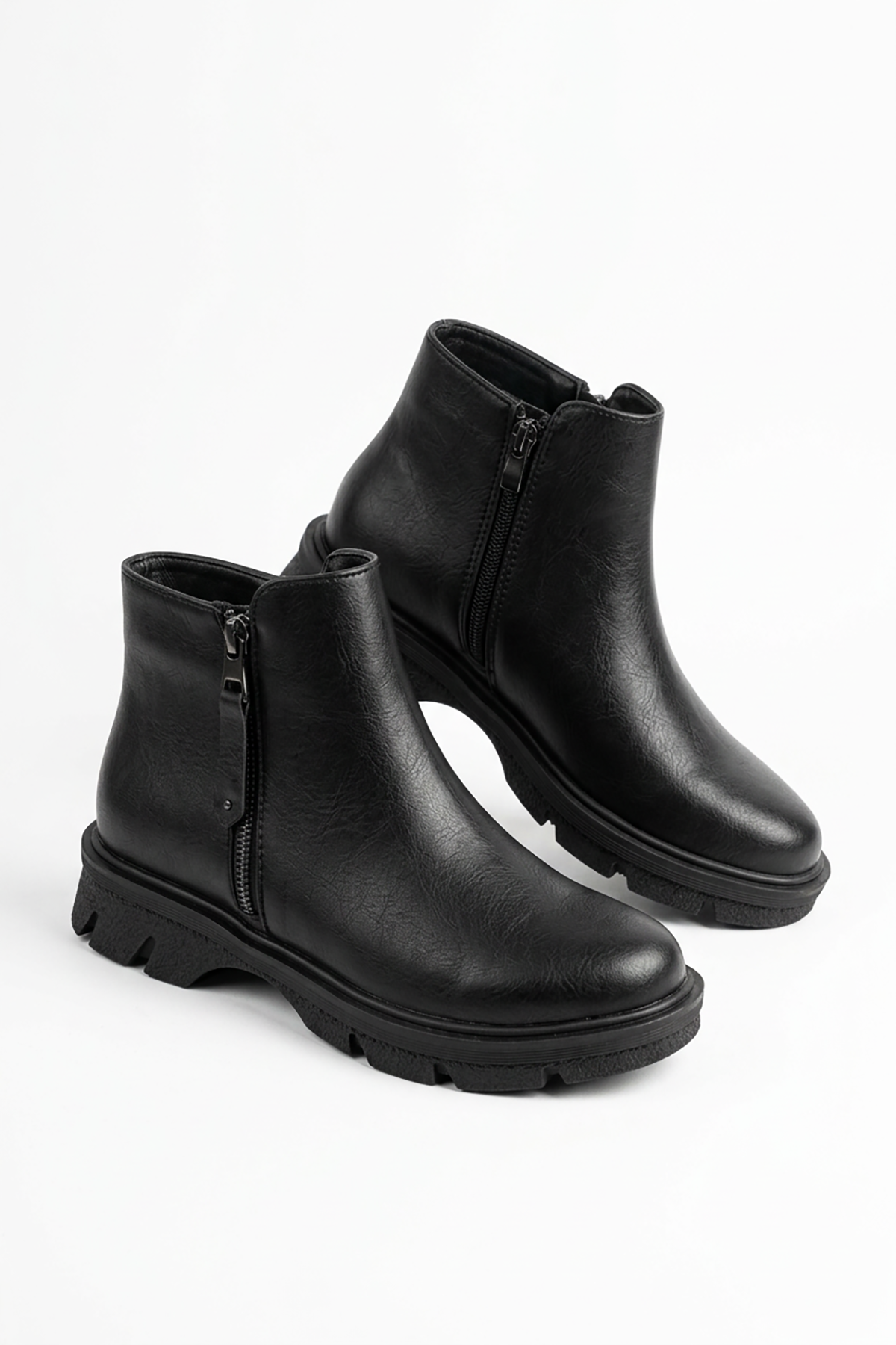 Molay Çift Fermuarlı Kaymaz Taban Kadın Bot Siyah Cilt
