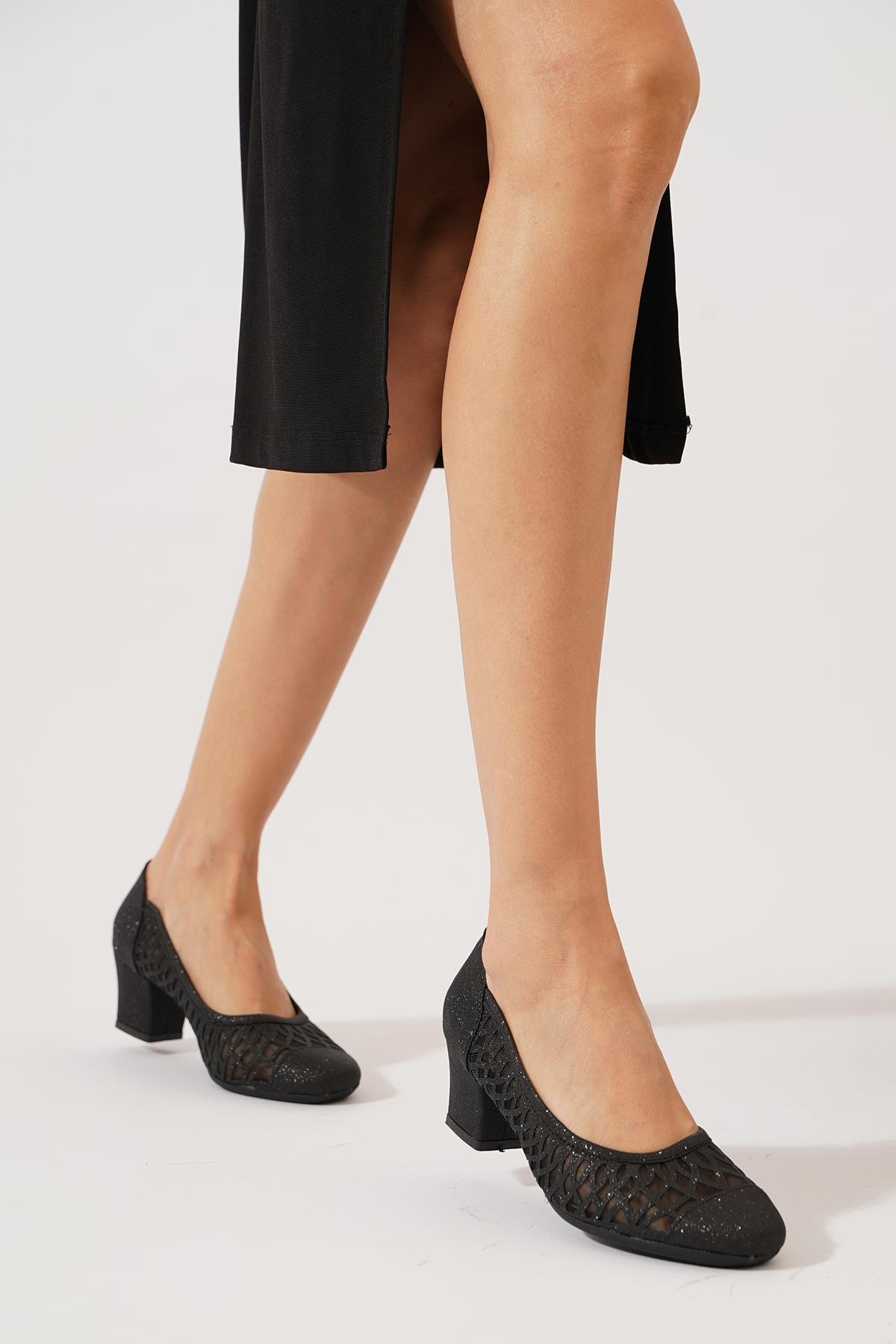 Muhriye Lazer Simli Fileli  Kadın Topuklu Ayakkabı Siyah Sim