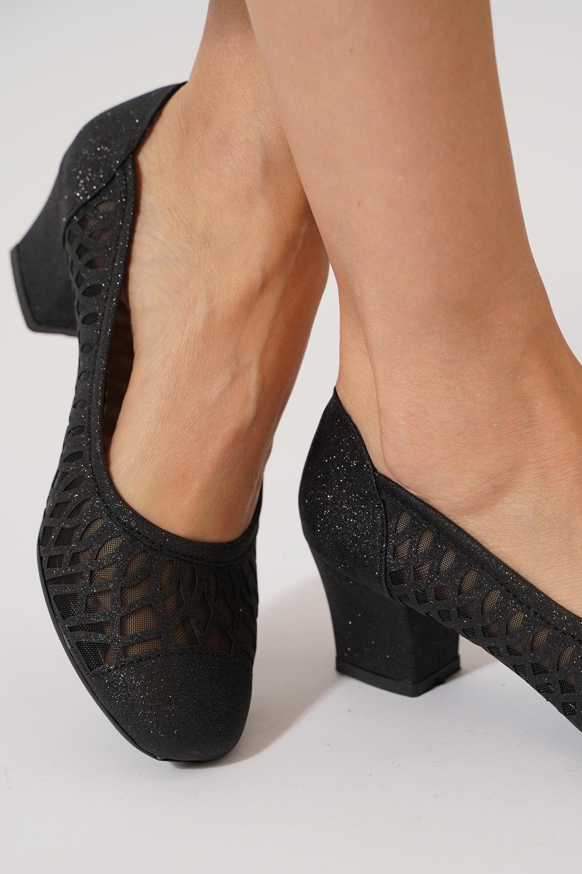 Muhriye Lazer Simli Fileli  Kadın Topuklu Ayakkabı Siyah Sim