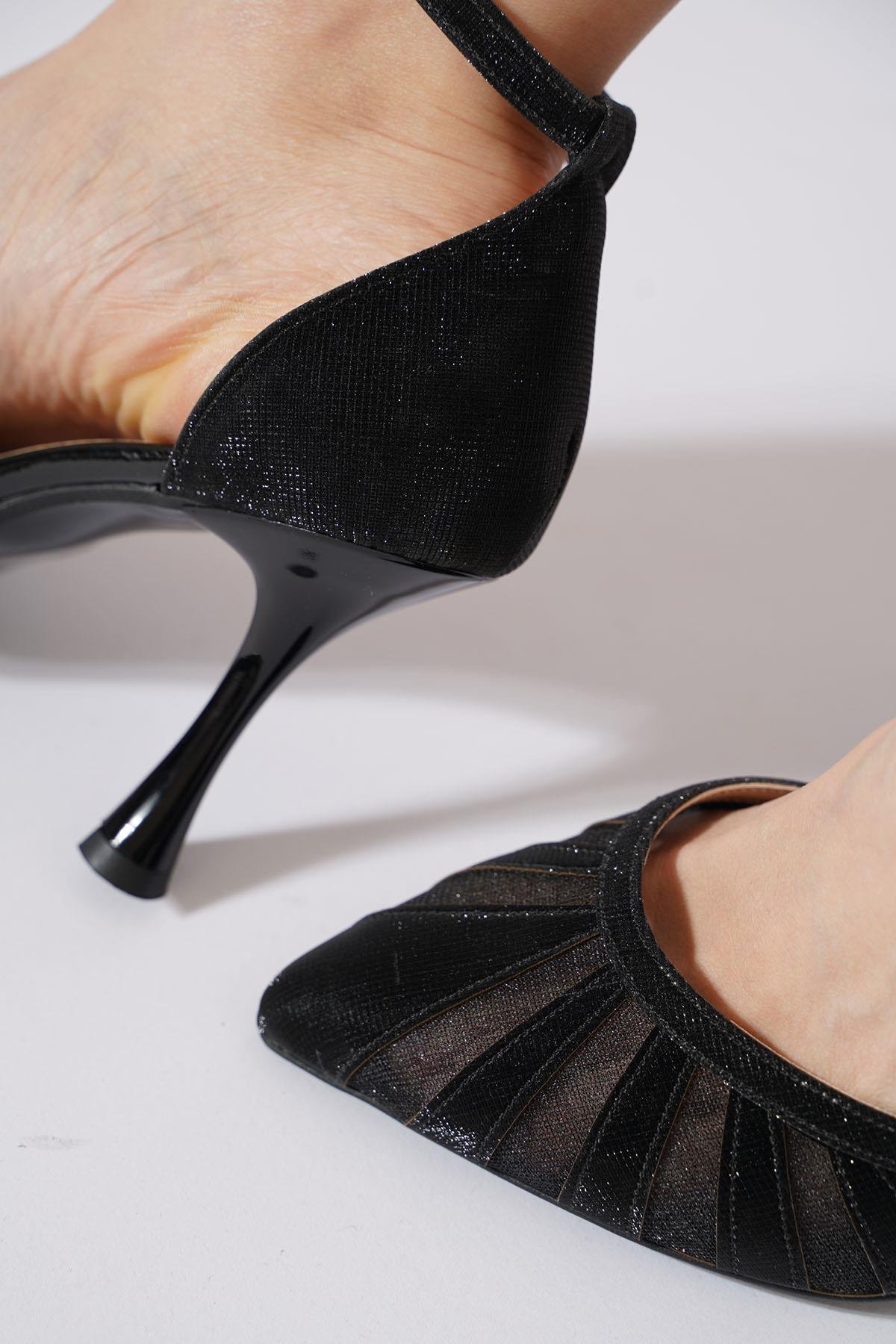 Nanya Parçalı Fileli Kadın Abiye Topuklu Ayakkabı Siyah Sim