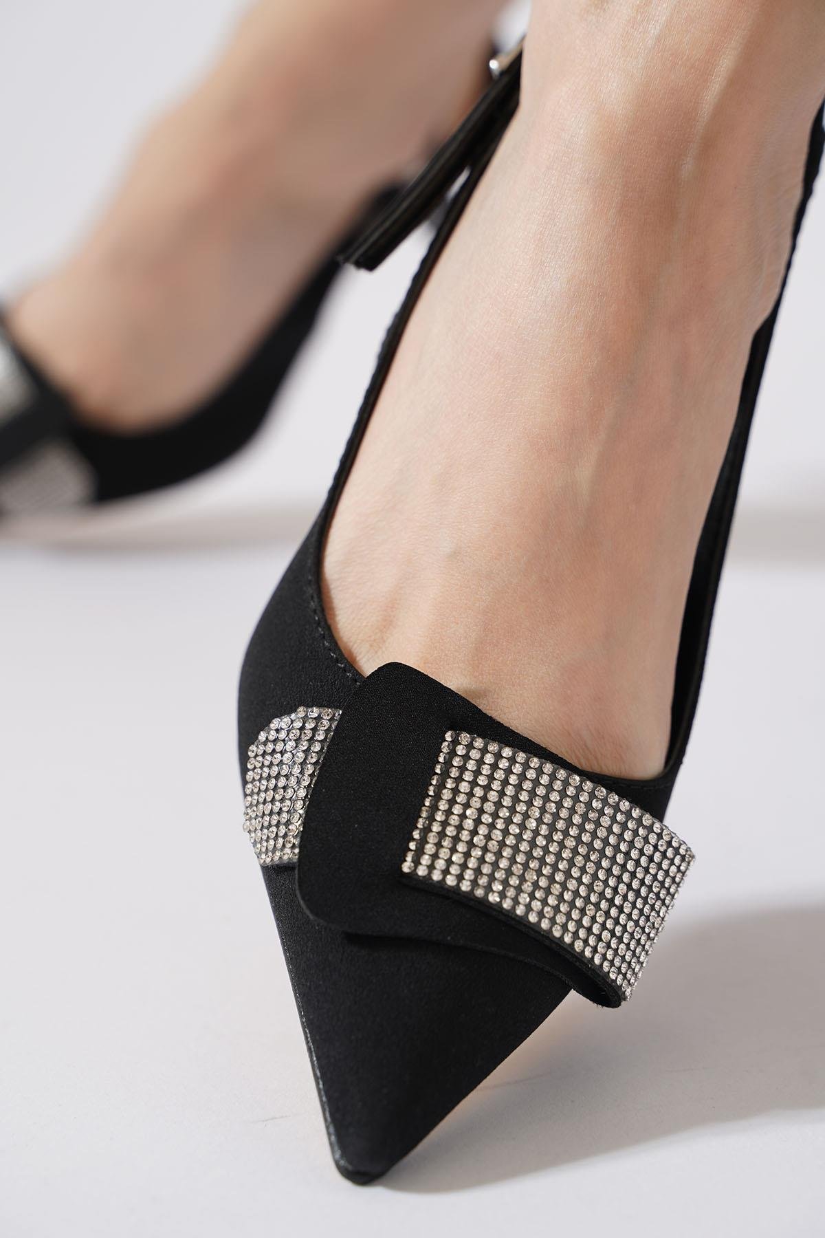 Naster Kemer Taşlı Arka Açık Kadın Abiye Ayakkabı Siyah Saten