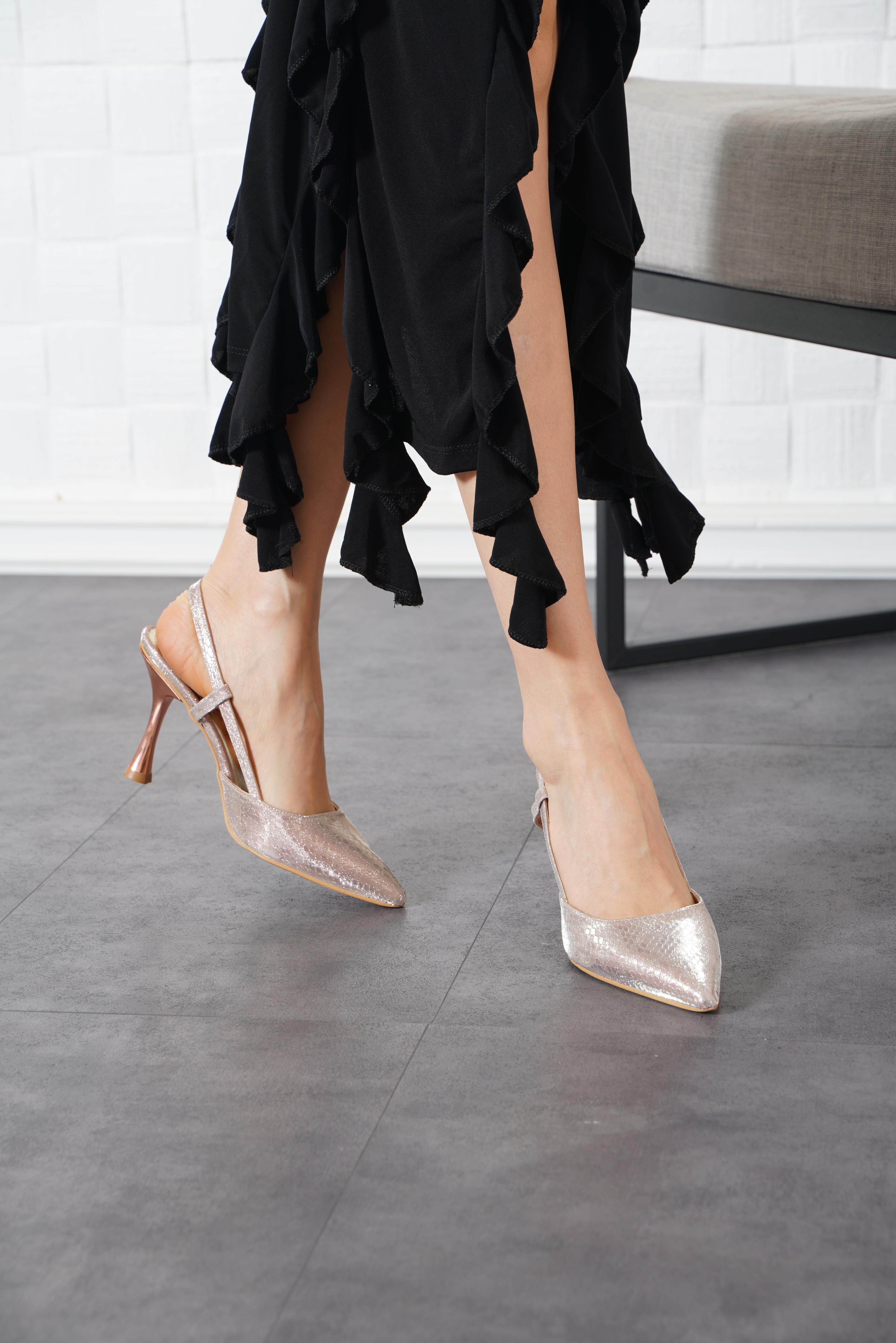 Neraste Arka Açık Ökçe Kaplama Kadın Abiye Topuklu Rose Petek