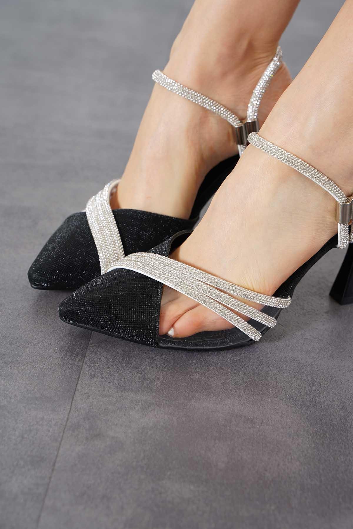 Nerese Yan Şeffaf Taşlı Kadın Abiye Ayakkabı Siyah Sim