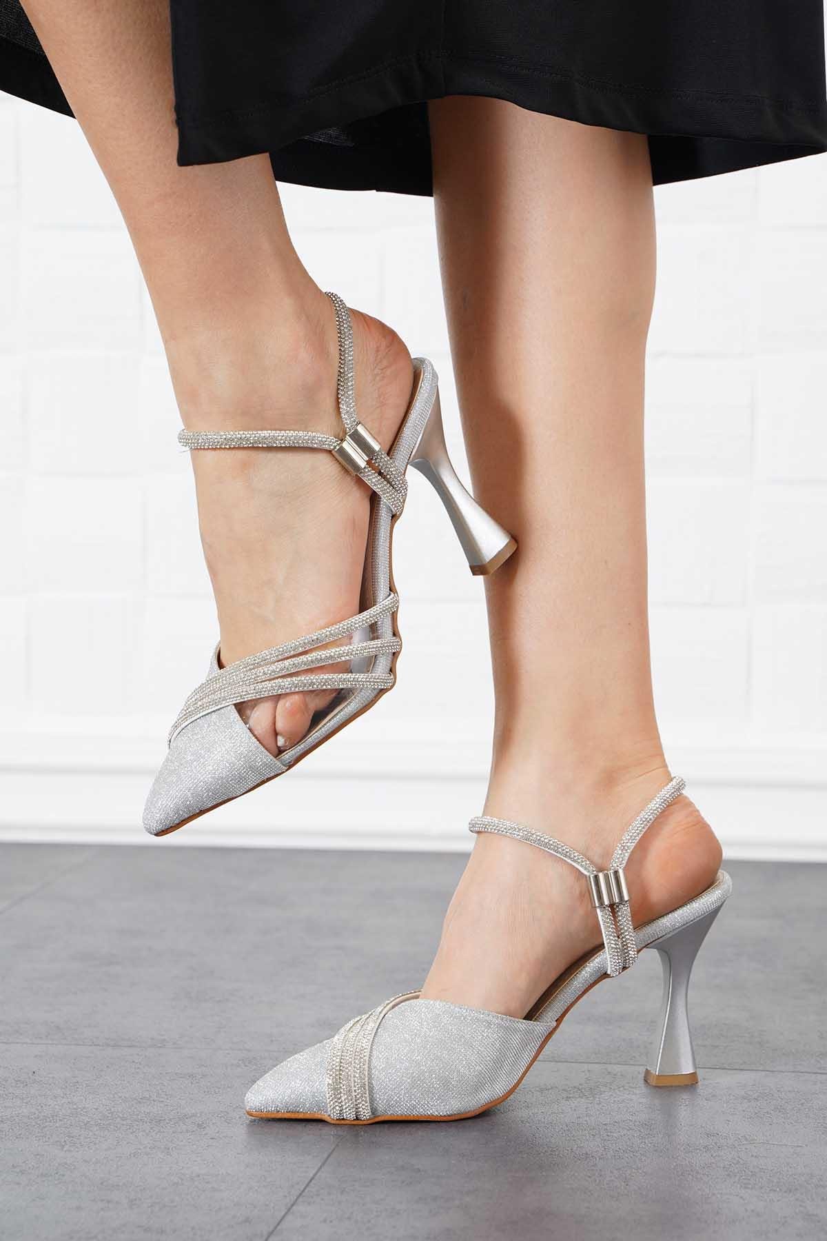 Nerese Yan Şeffaf Taşlı Kadın Abiye Ayakkabı Gümüş Sim