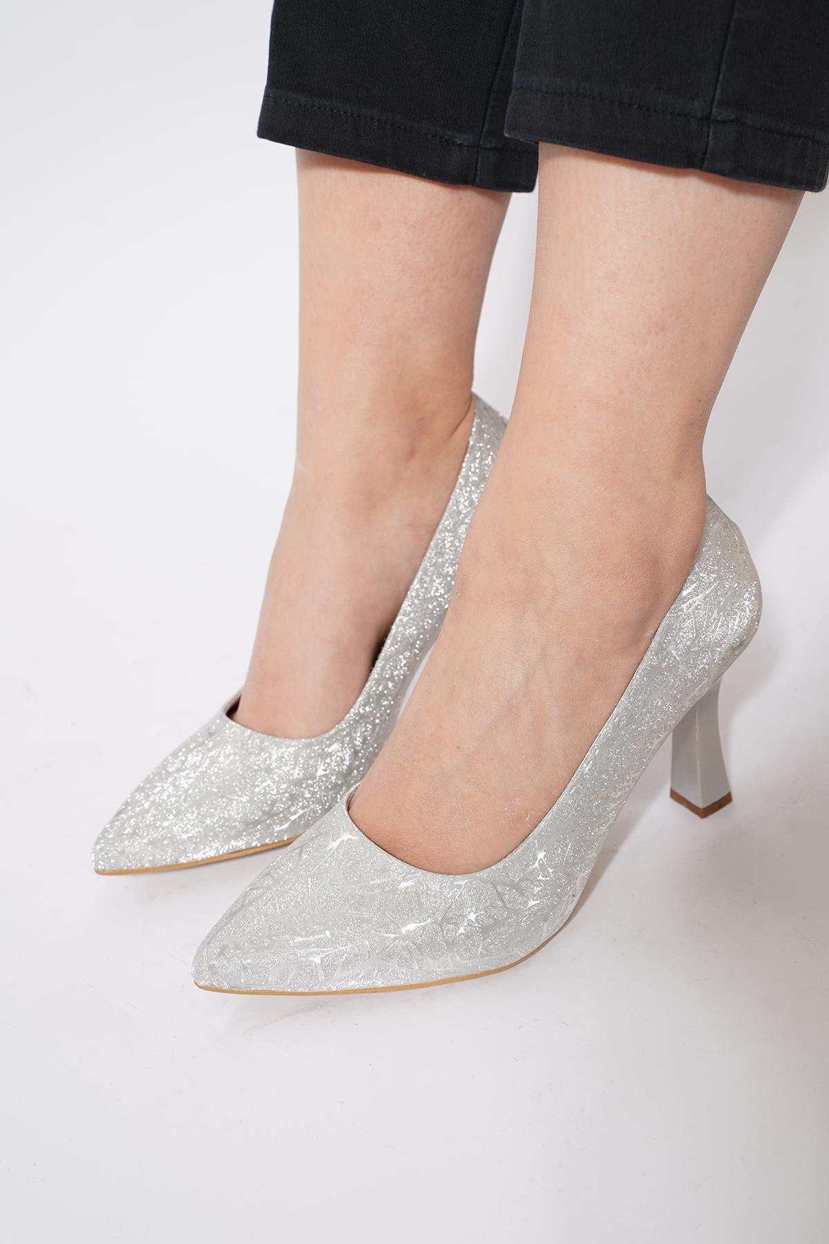 Opefe Düz Gova Kadın Abiye Ayakkabı Gümüş Sim