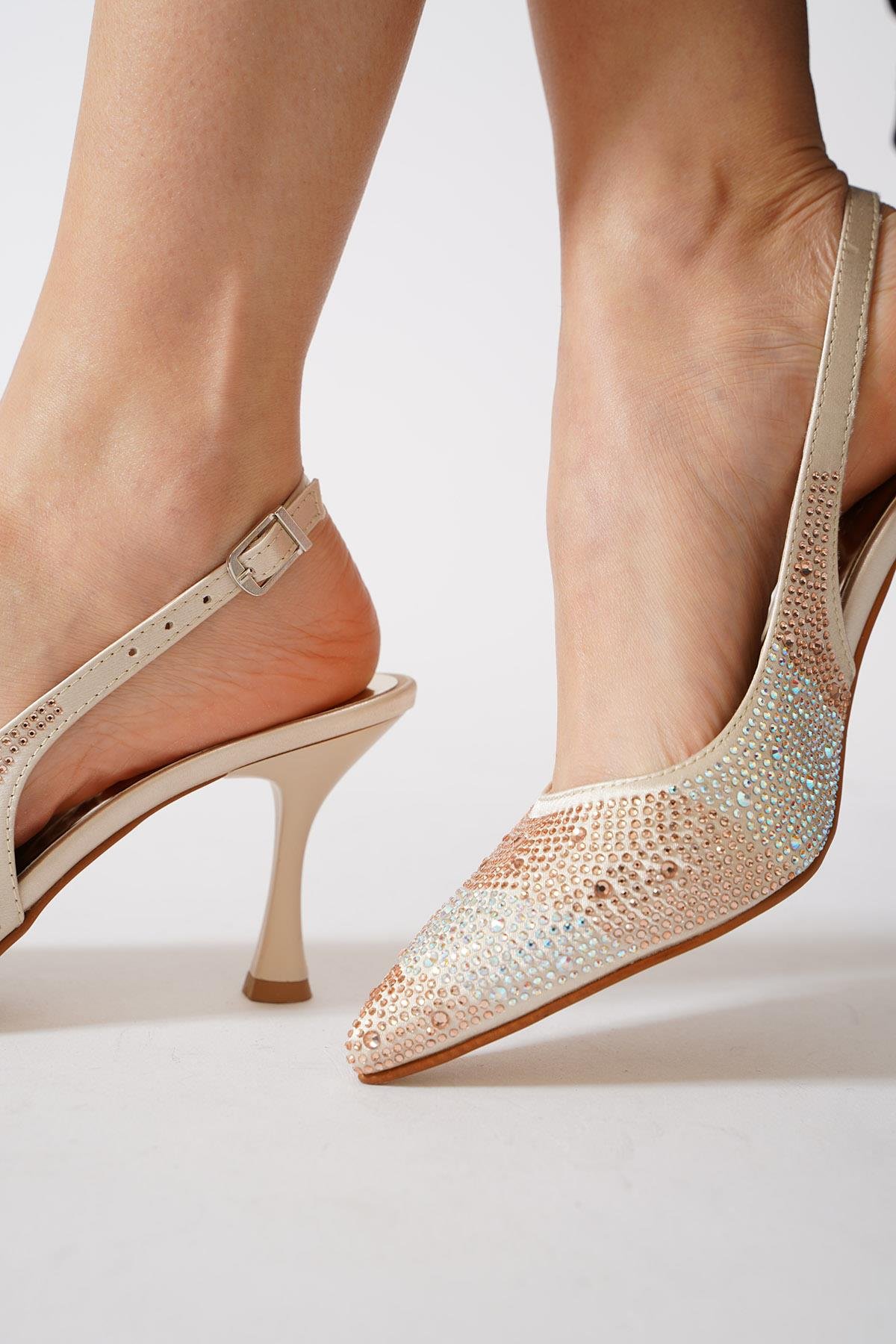 Ortcev Renk Taşlı Arka Açık Kadın Abiye Ayakkabı Ten Saten