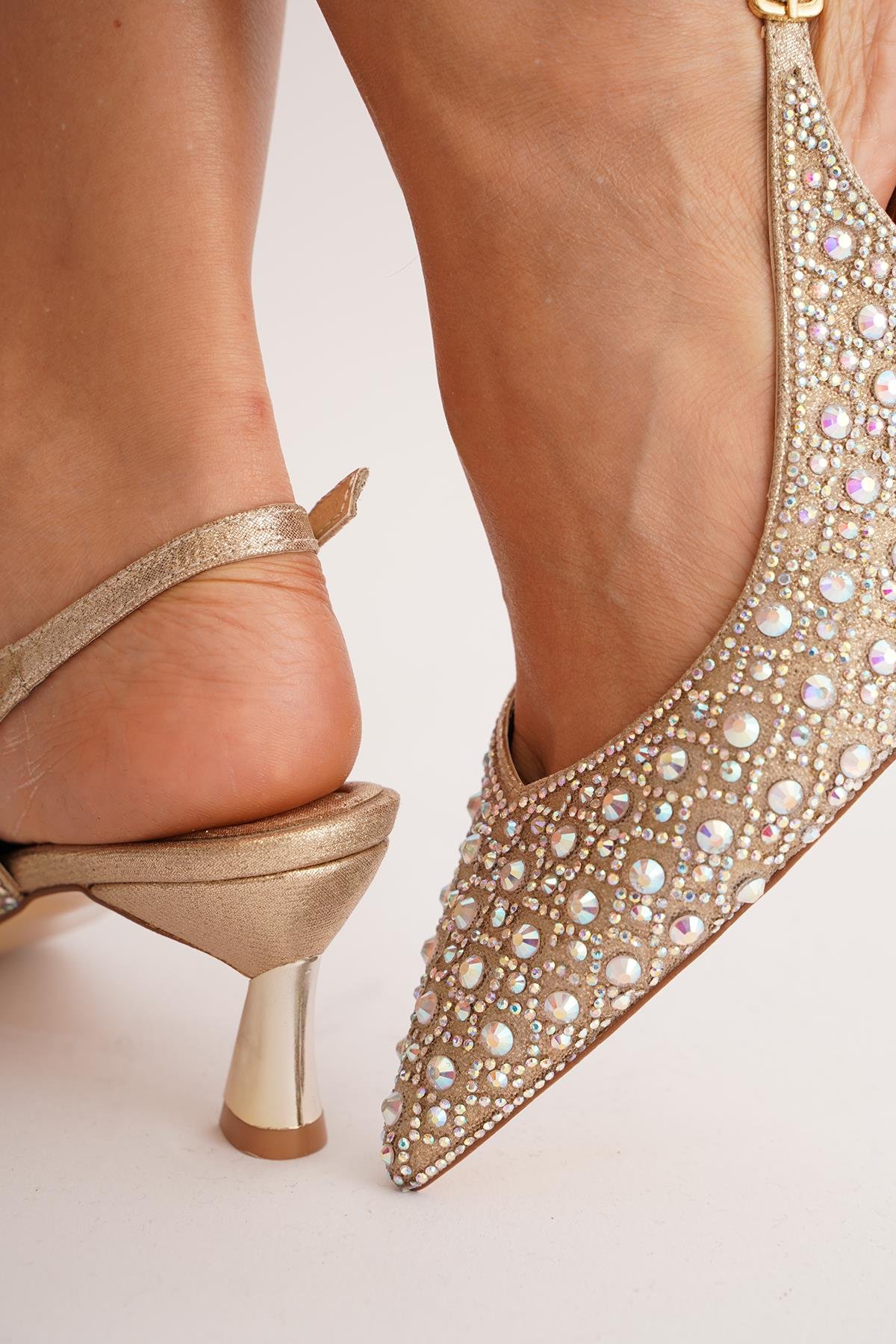 Parker İnci Taşlı Kadın Abiye Topuklu Ayakkabı Altın