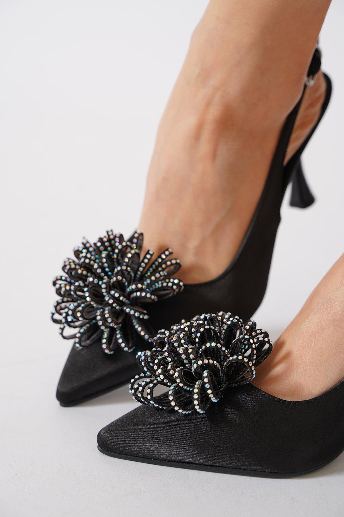 Parsen Ön Taşlo Arka Açık Kadın Abiye Ayakkabı Siyah Saten