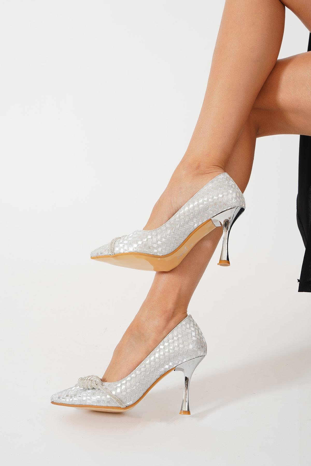 Petes Yaprak Taşlı Kadın Topuklu Ayakkabı Gümüş