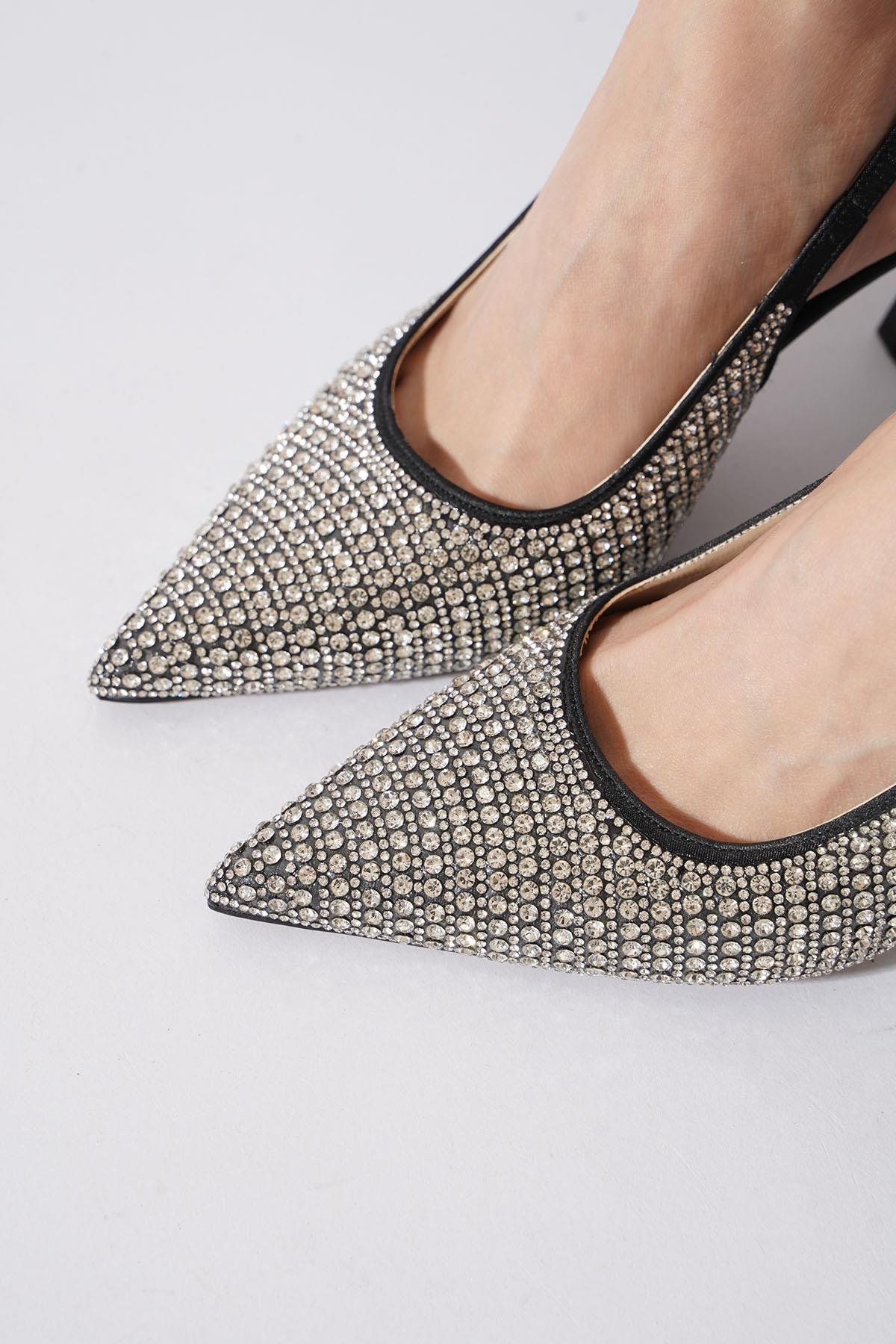 Pidave Cam Taşlı Arka Açık Kadın Abiye Ayakkabı Siyah Saten