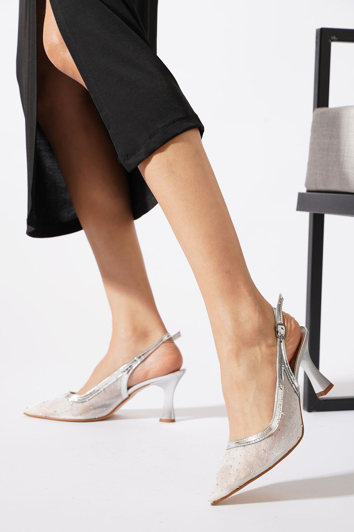 Promise Taşlı Arka Açık Kadın Topuklu Ayakkabı Gümüş Saten
