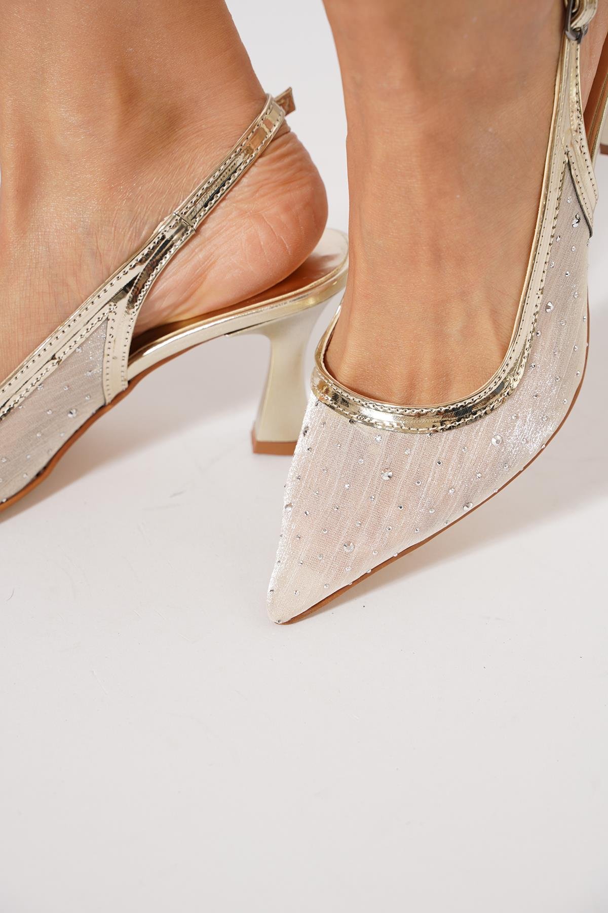 Promise Taşlı Arka Açık Kadın Topuklu Ayakkabı Ten Saten