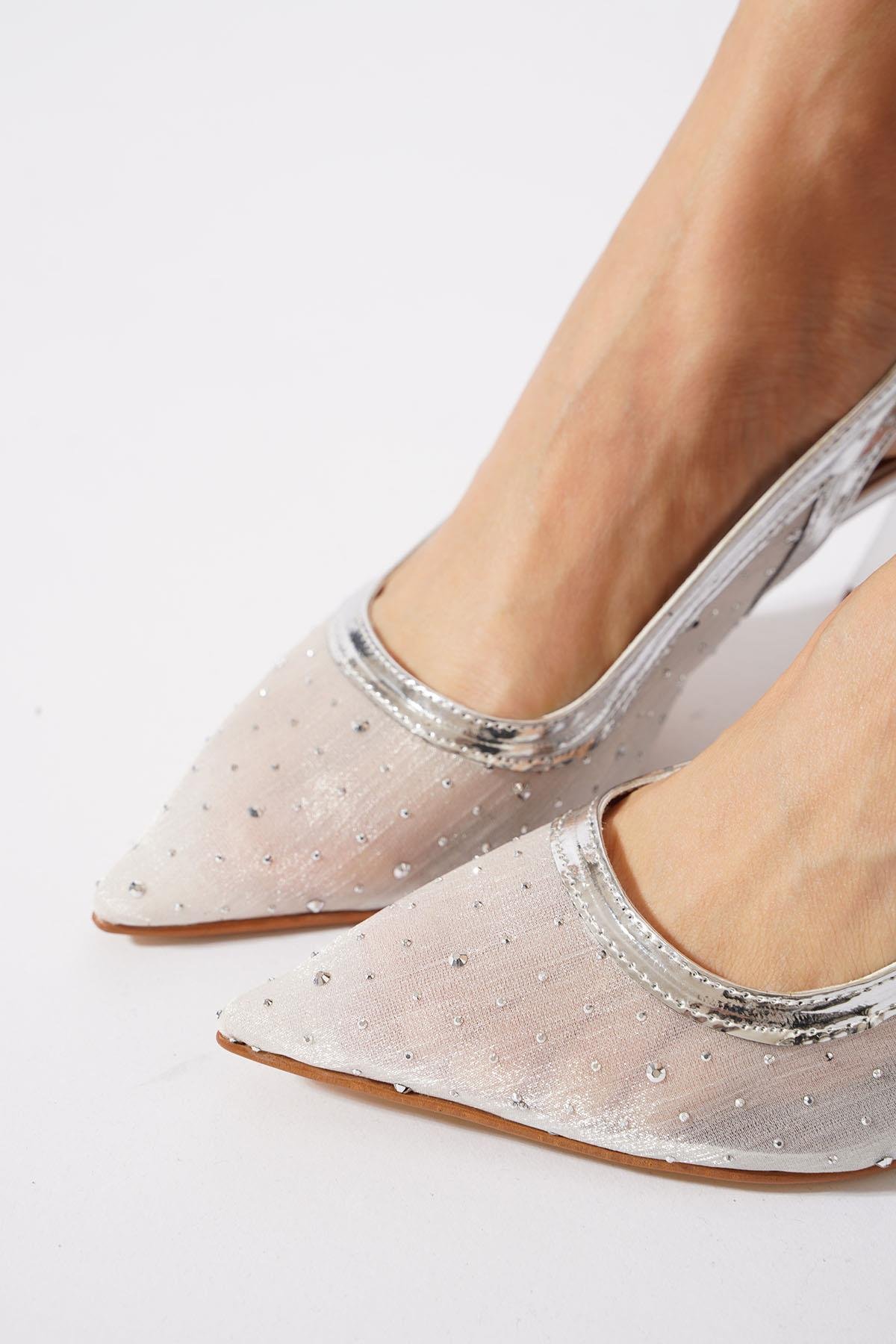 Promise Taşlı Arka Açık Kadın Topuklu Ayakkabı Gümüş Saten