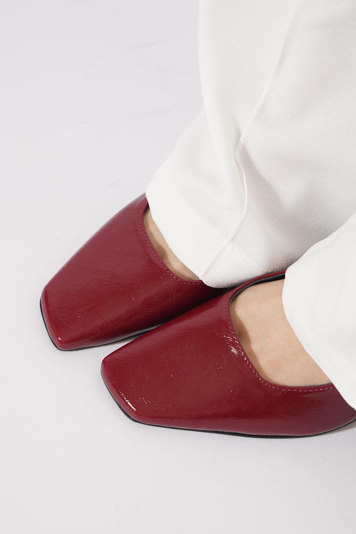 Rakma Kesik Burun  Kadın Topuklu Ayakkabı  Bordo Kırışık