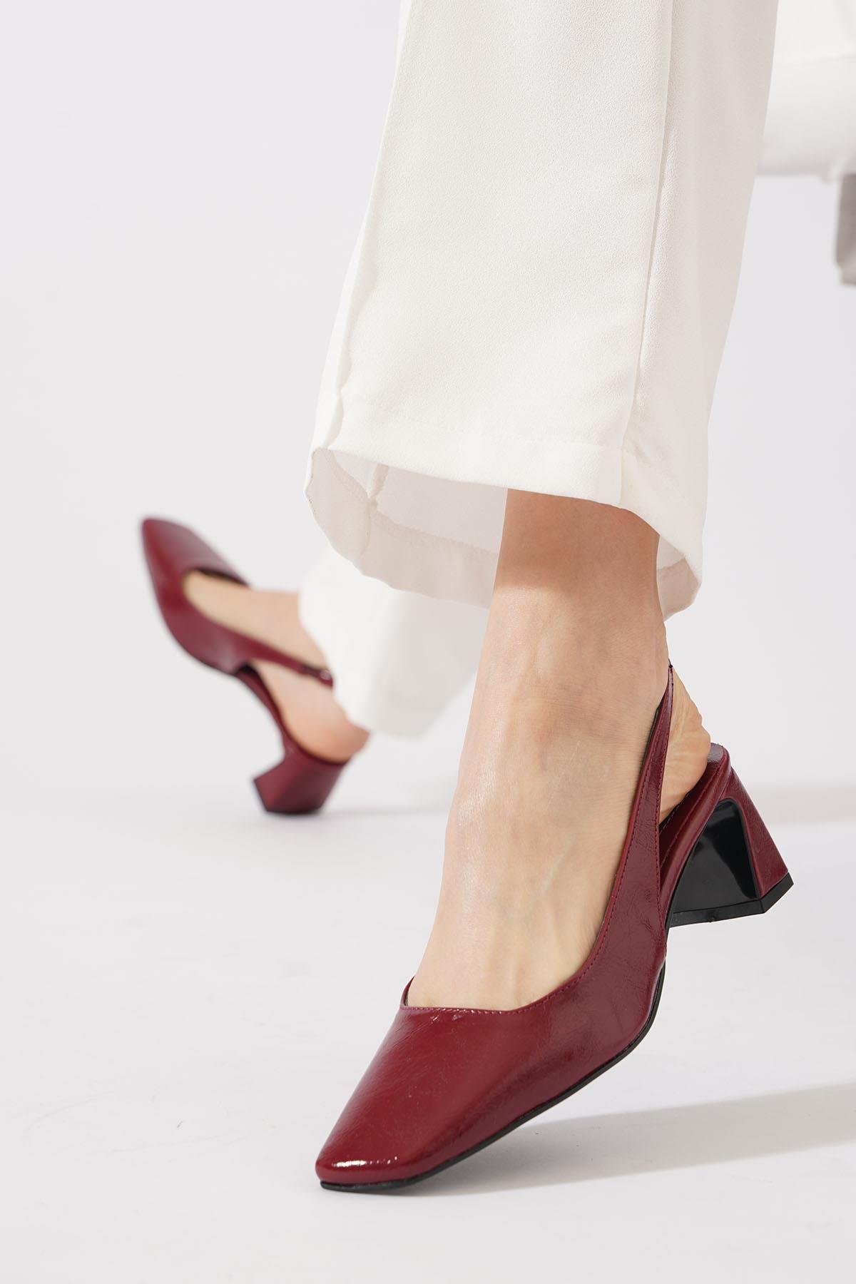 Rakma Kesik Burun  Kadın Topuklu Ayakkabı  Bordo Kırışık