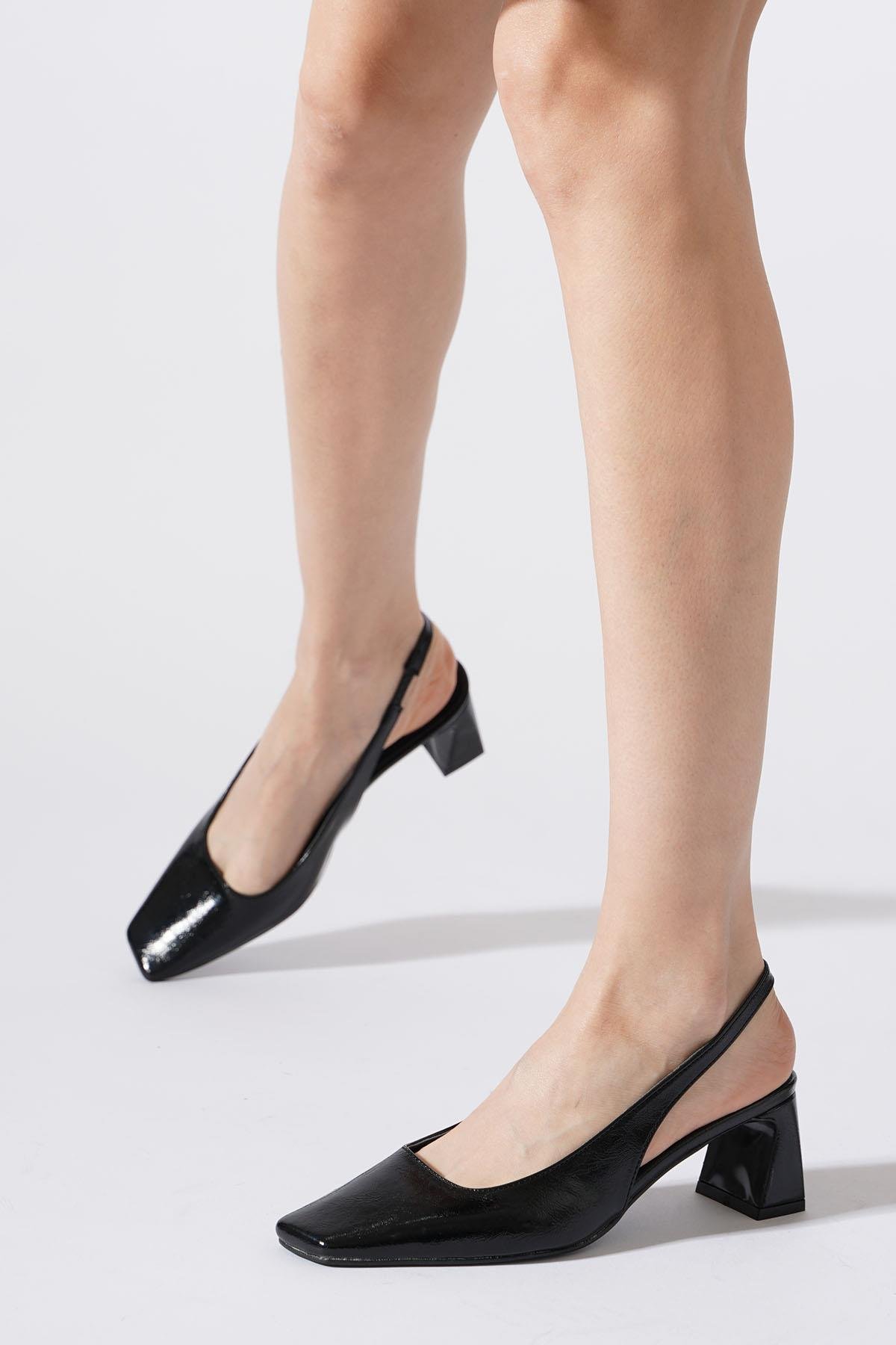 Rakma Kesik Burun  Kadın Topuklu Ayakkabı  Siyah Kırısık