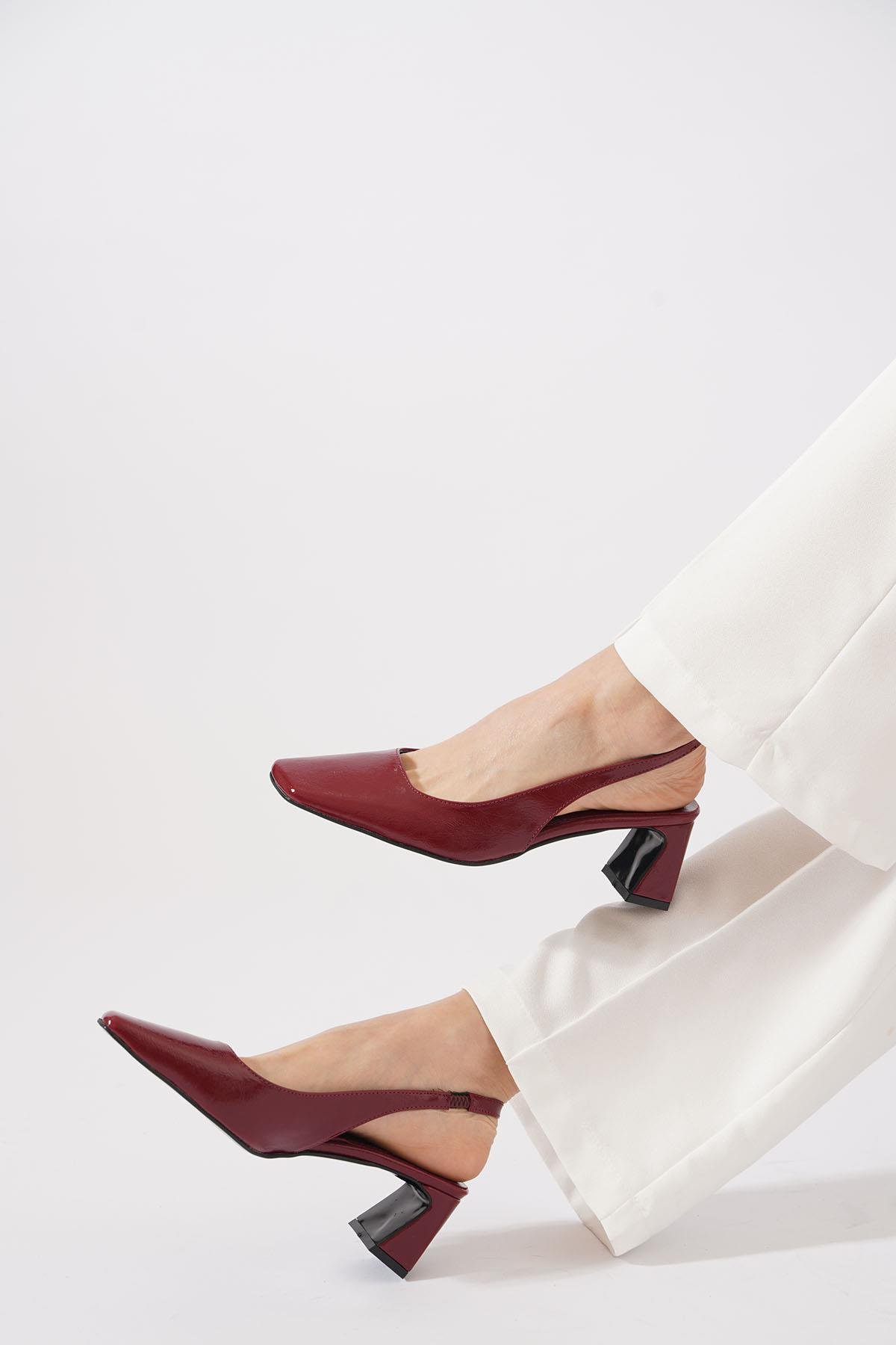 Rakma Kesik Burun  Kadın Topuklu Ayakkabı  Bordo Kırışık