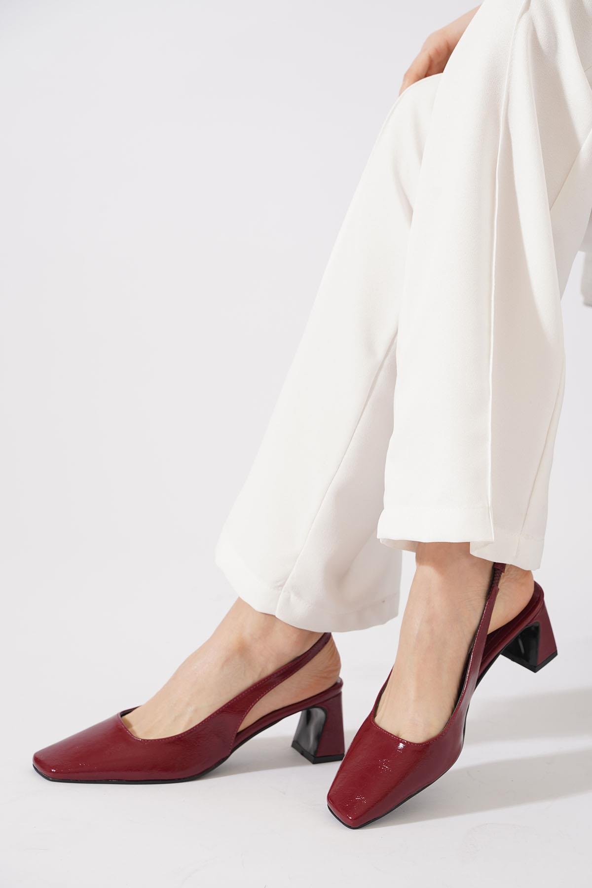 Rakma Kesik Burun  Kadın Topuklu Ayakkabı  Bordo Kırışık