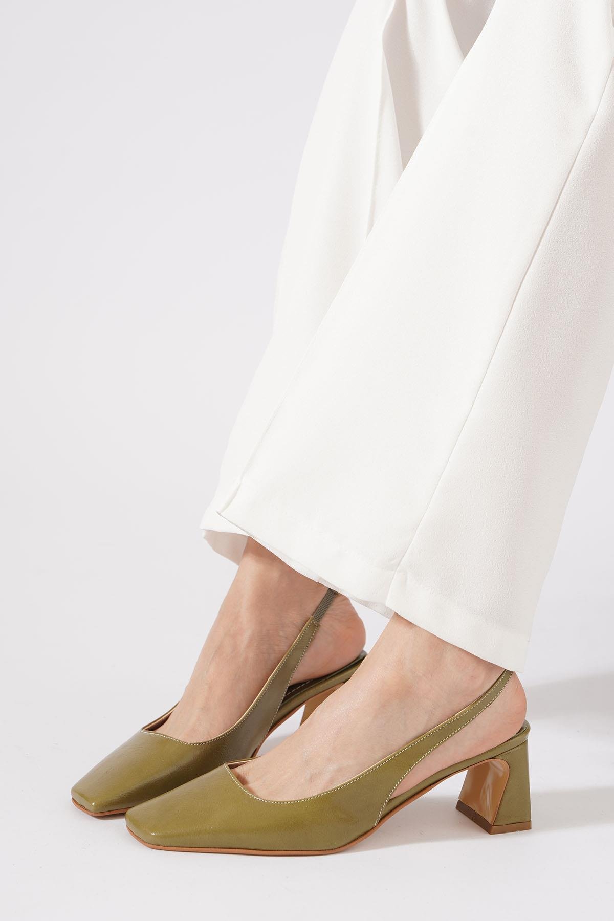 Rakma Kesik Burun  Kadın Topuklu Ayakkabı  Yeşil Kırışık