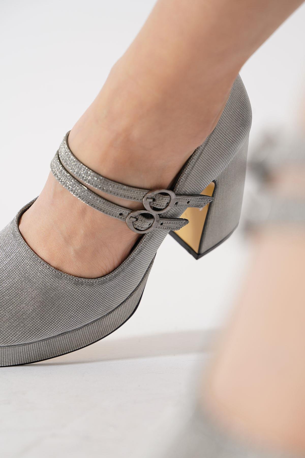 Rendas Çift Atkı Platformlu Kadın Topuklu Ayakkabı Platin Sim