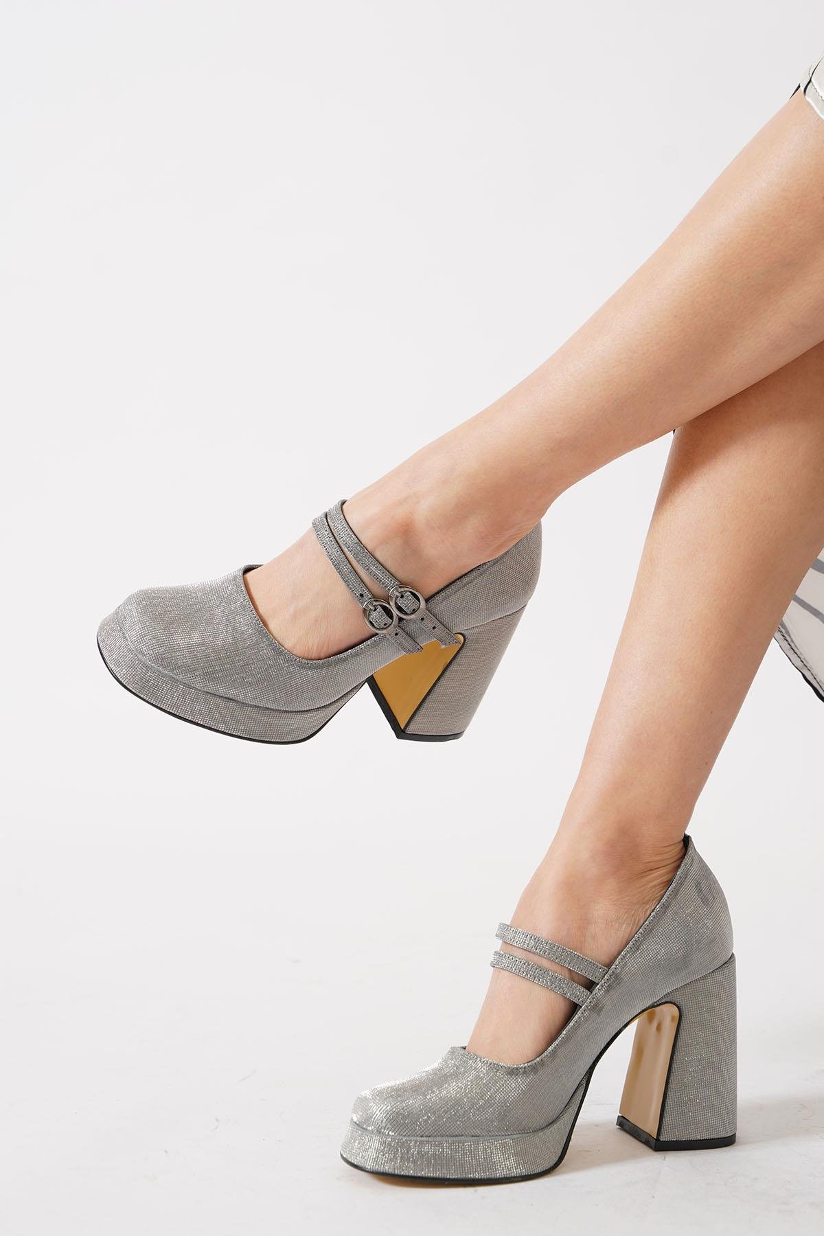 Rendas Çift Atkı Platformlu Kadın Topuklu Ayakkabı Platin Sim