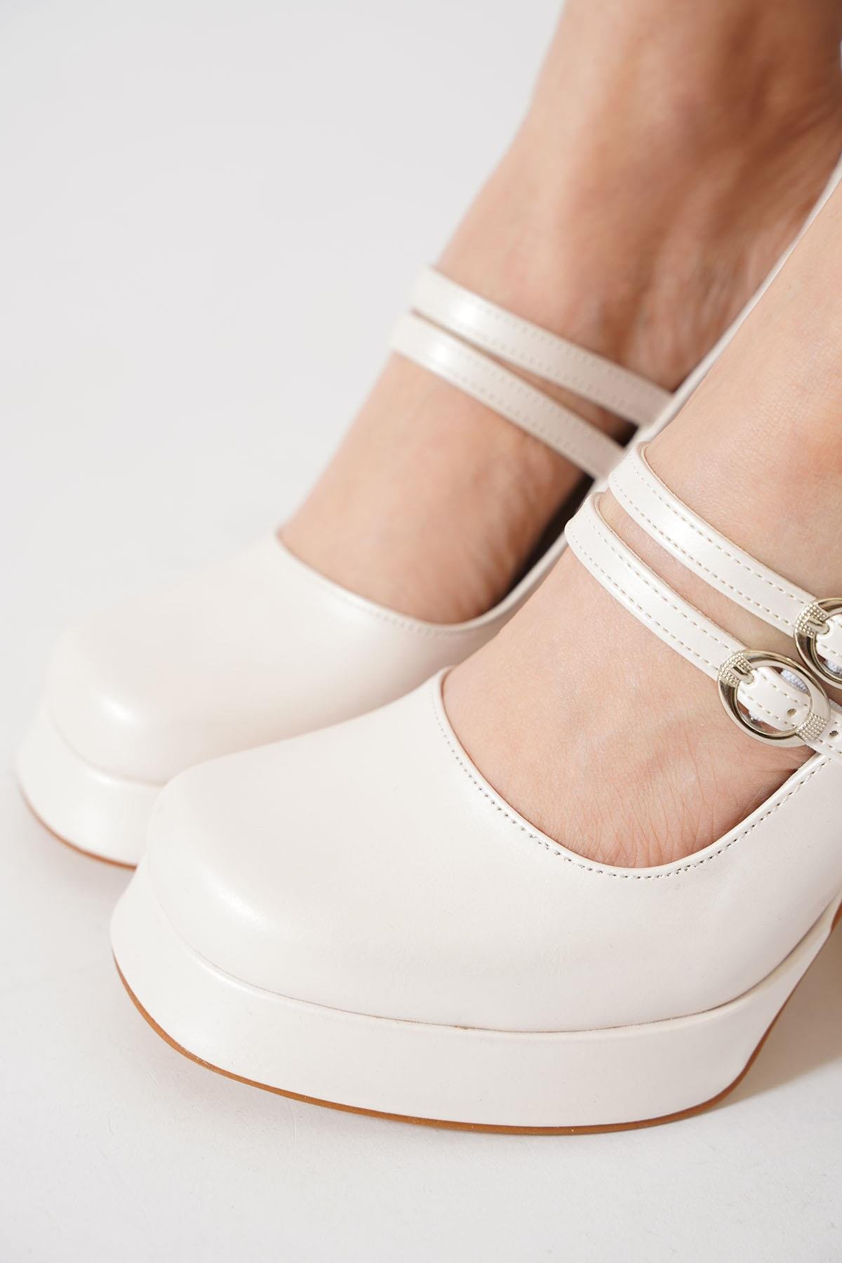 Rendas Çift Atkı Platformlu Kadın Topuklu Ayakkabı Sedef Cilt