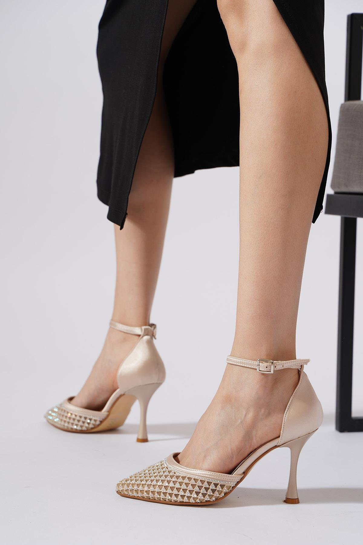Satler File Taşlı Kadın Abiye Topuklu Ayakkabı Ten Saten