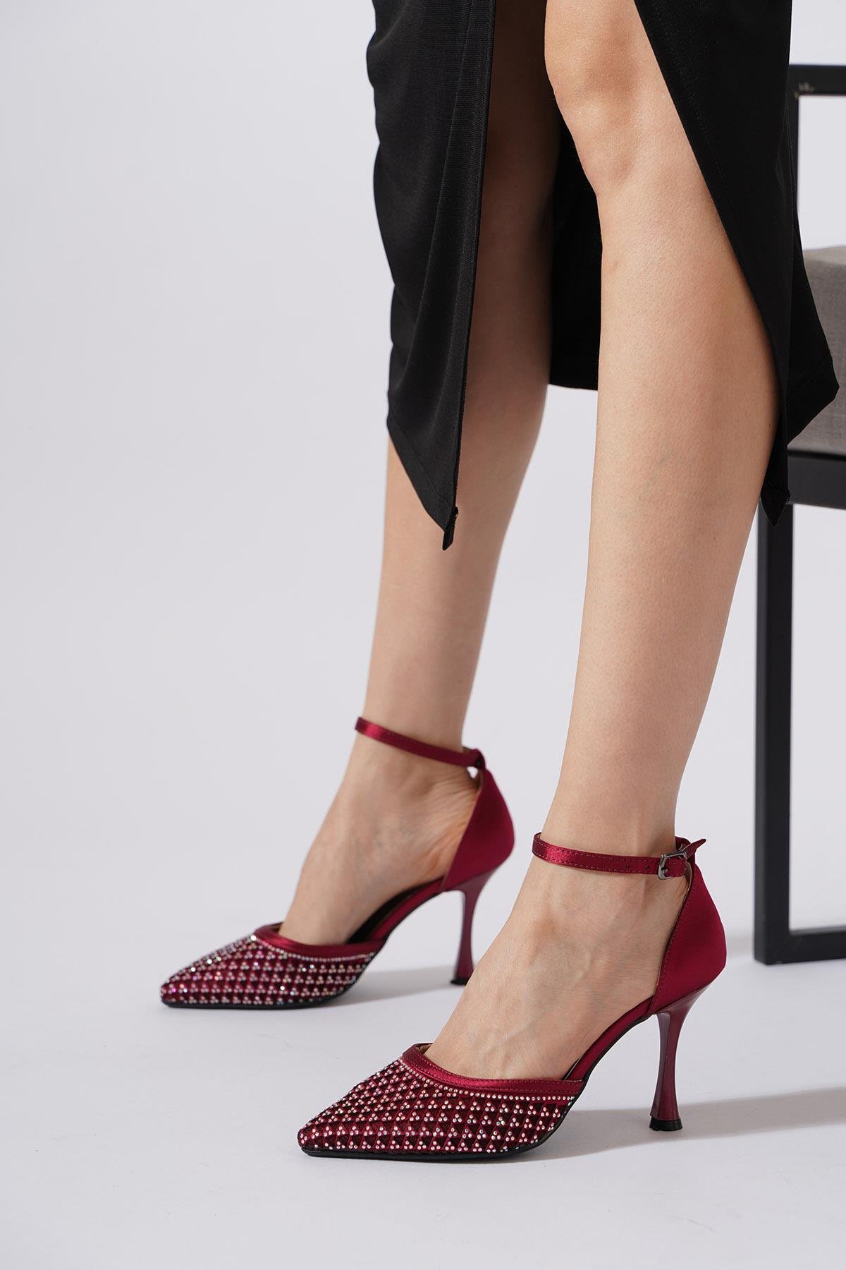 Satler File Taşlı Kadın Abiye Topuklu Ayakkabı Bordo Saten