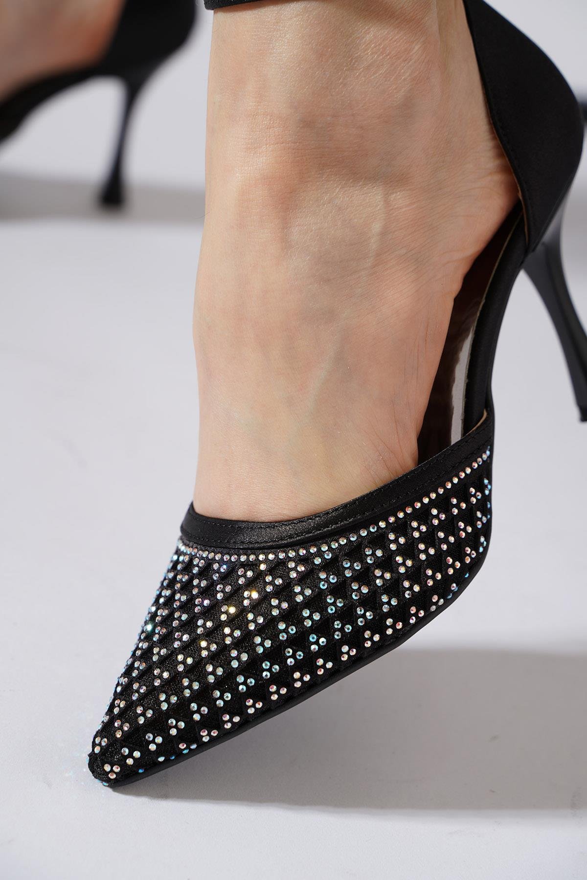 Satler File Taşlı Kadın Abiye Topuklu Ayakkabı Siyah Saten