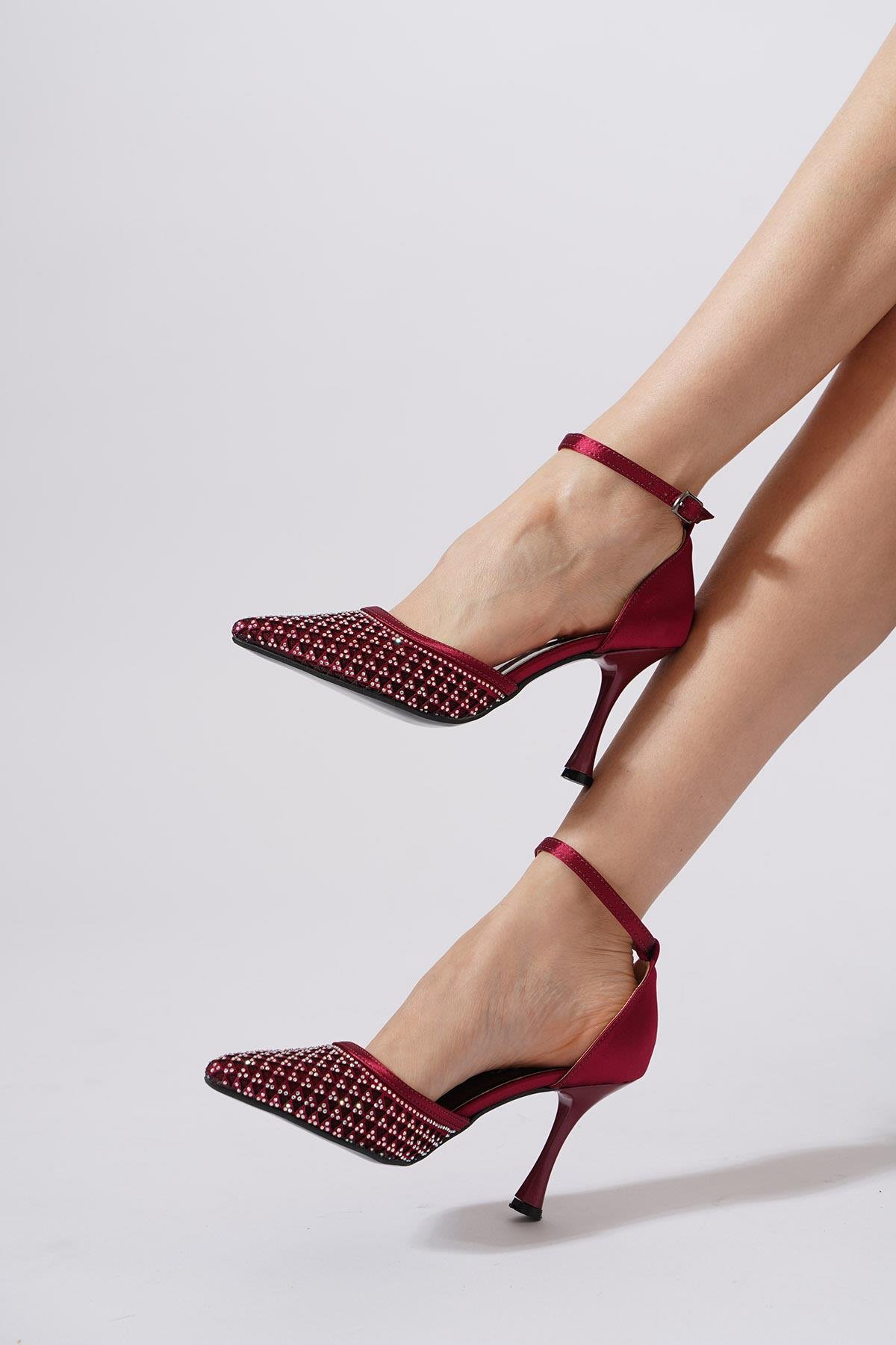 Satler File Taşlı Kadın Abiye Topuklu Ayakkabı Bordo Saten