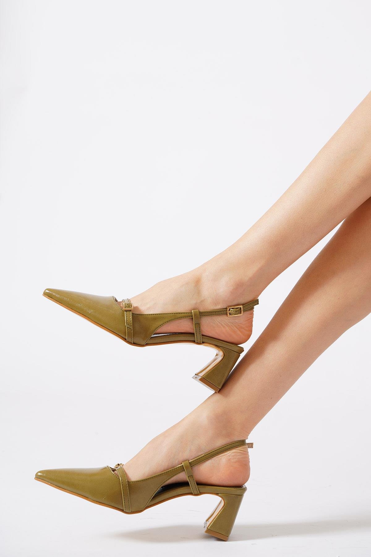 Selleft Pencere Tokalı Kadın Topuklu Ayakkabı  Yeşil Kırışık