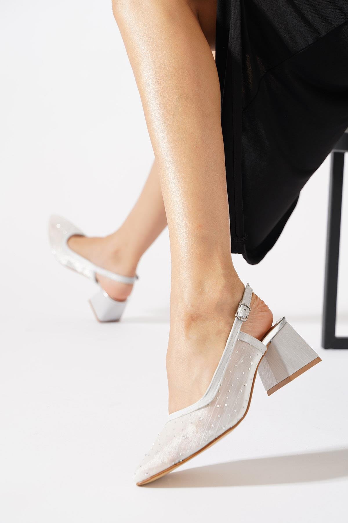 Senle File Taşlı Arka Açık Kadın Topuklu Ayakkabı Gümüş