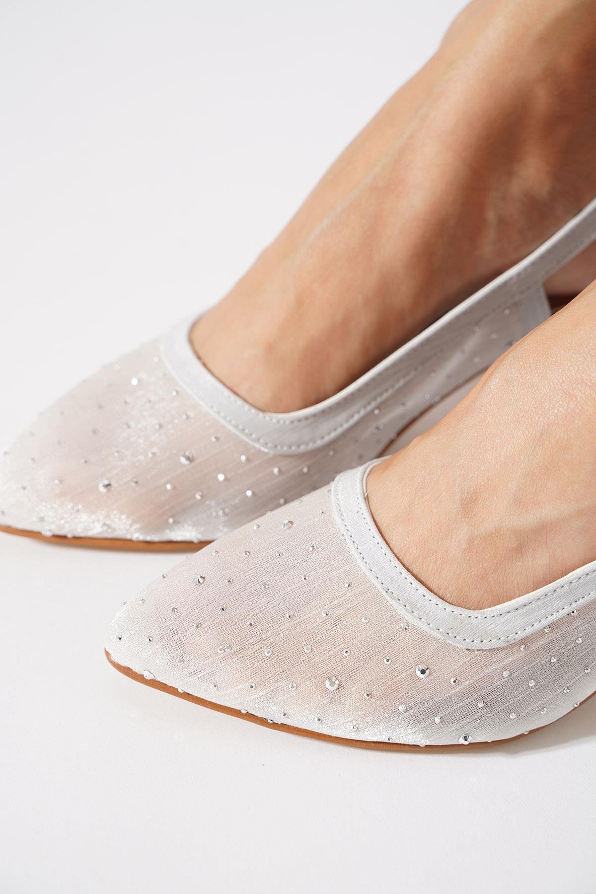 Senle File Taşlı Arka Açık Kadın Topuklu Ayakkabı Gümüş