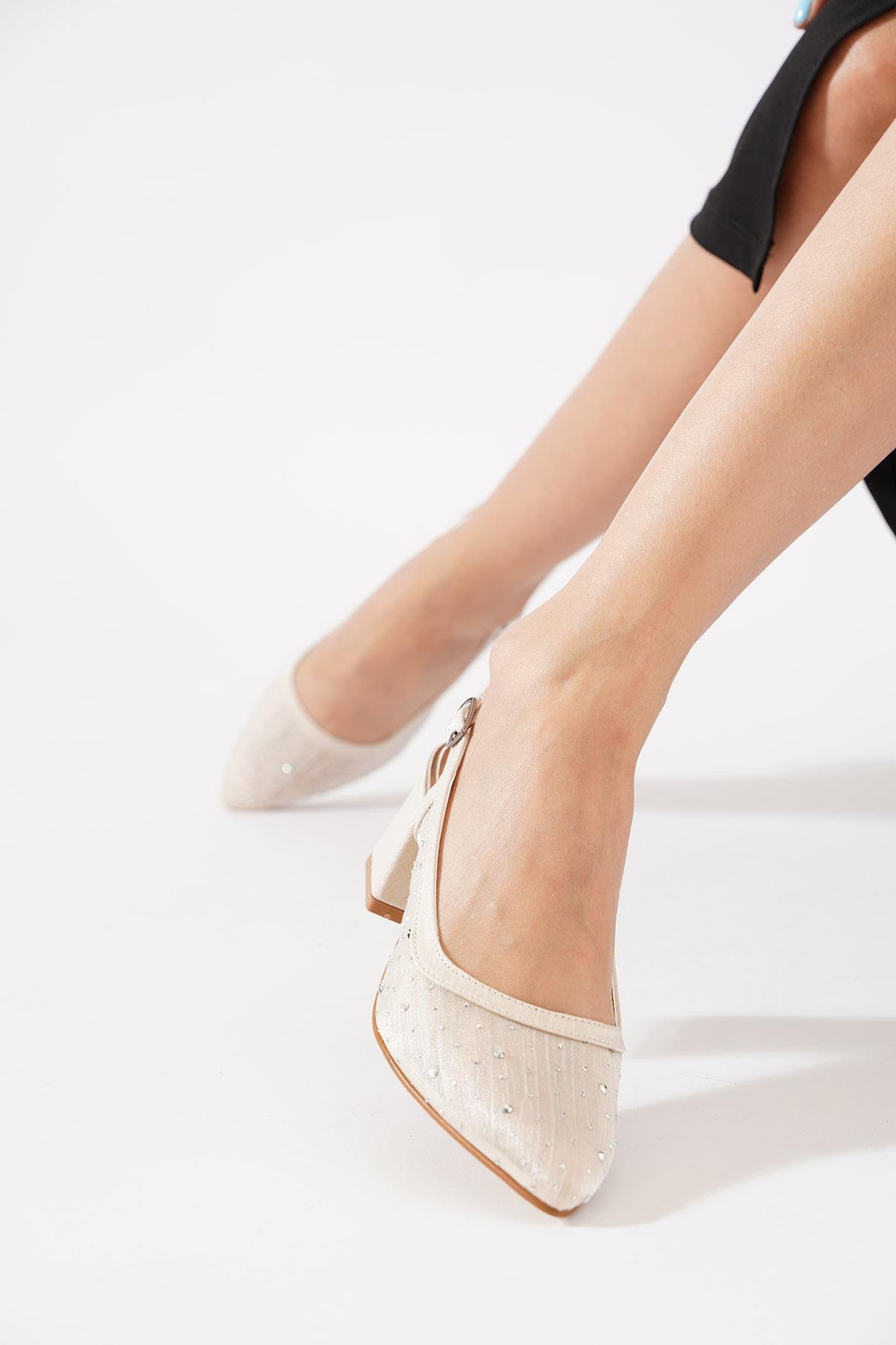 Senle File Taşlı Arka Açık Kadın Topuklu Ayakkabı Altın