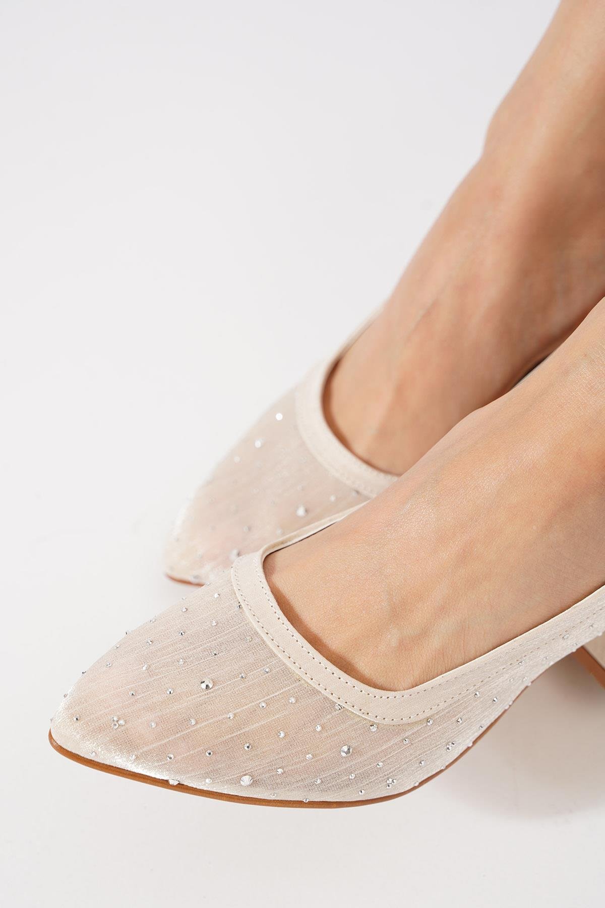 Senle File Taşlı Arka Açık Kadın Topuklu Ayakkabı Altın