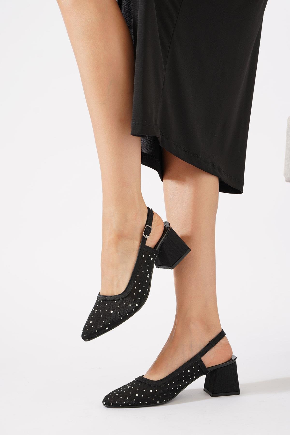 Senle File Taşlı Arka Açık Kadın Topuklu Ayakkabı Siyah