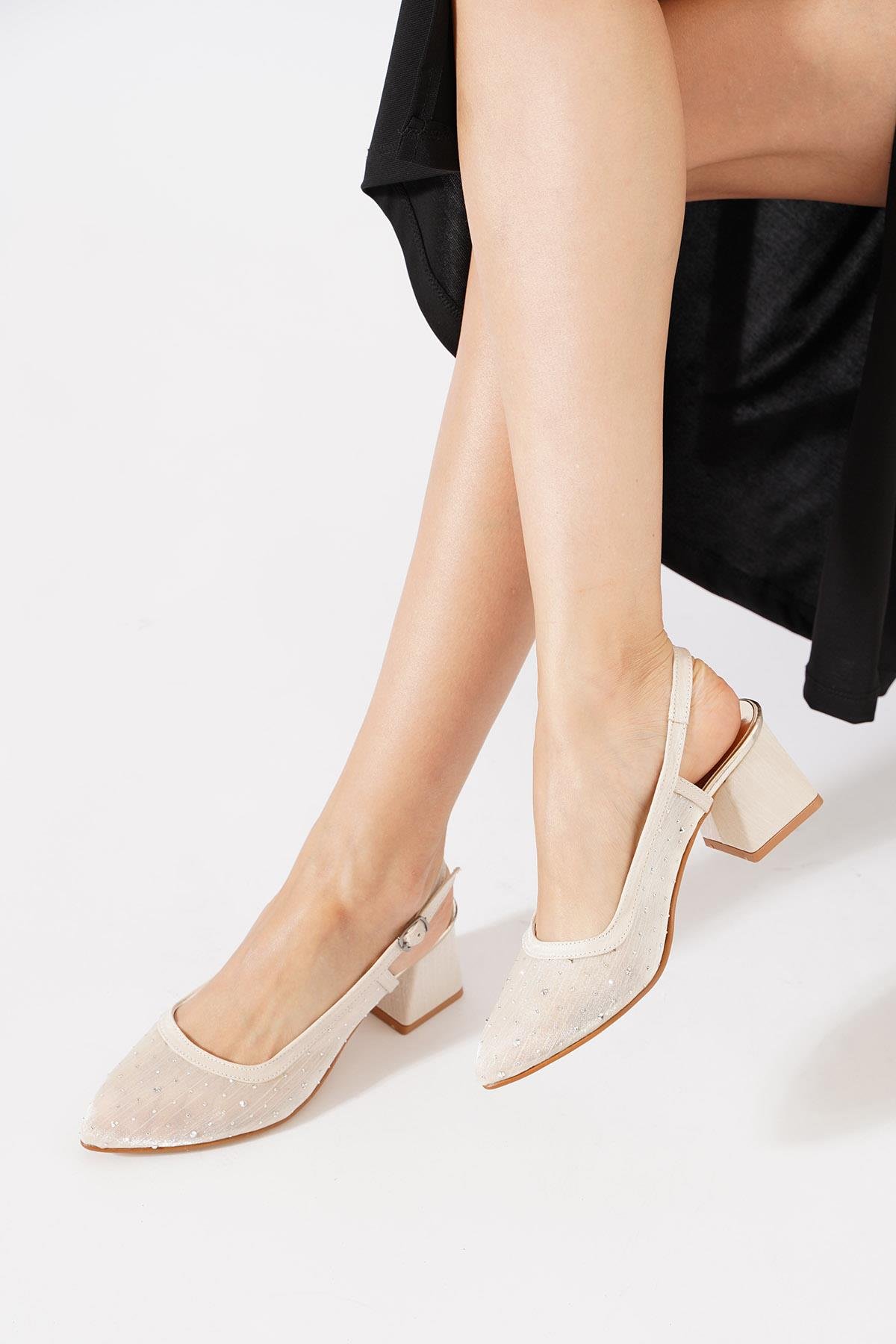 Senle File Taşlı Arka Açık Kadın Topuklu Ayakkabı Altın