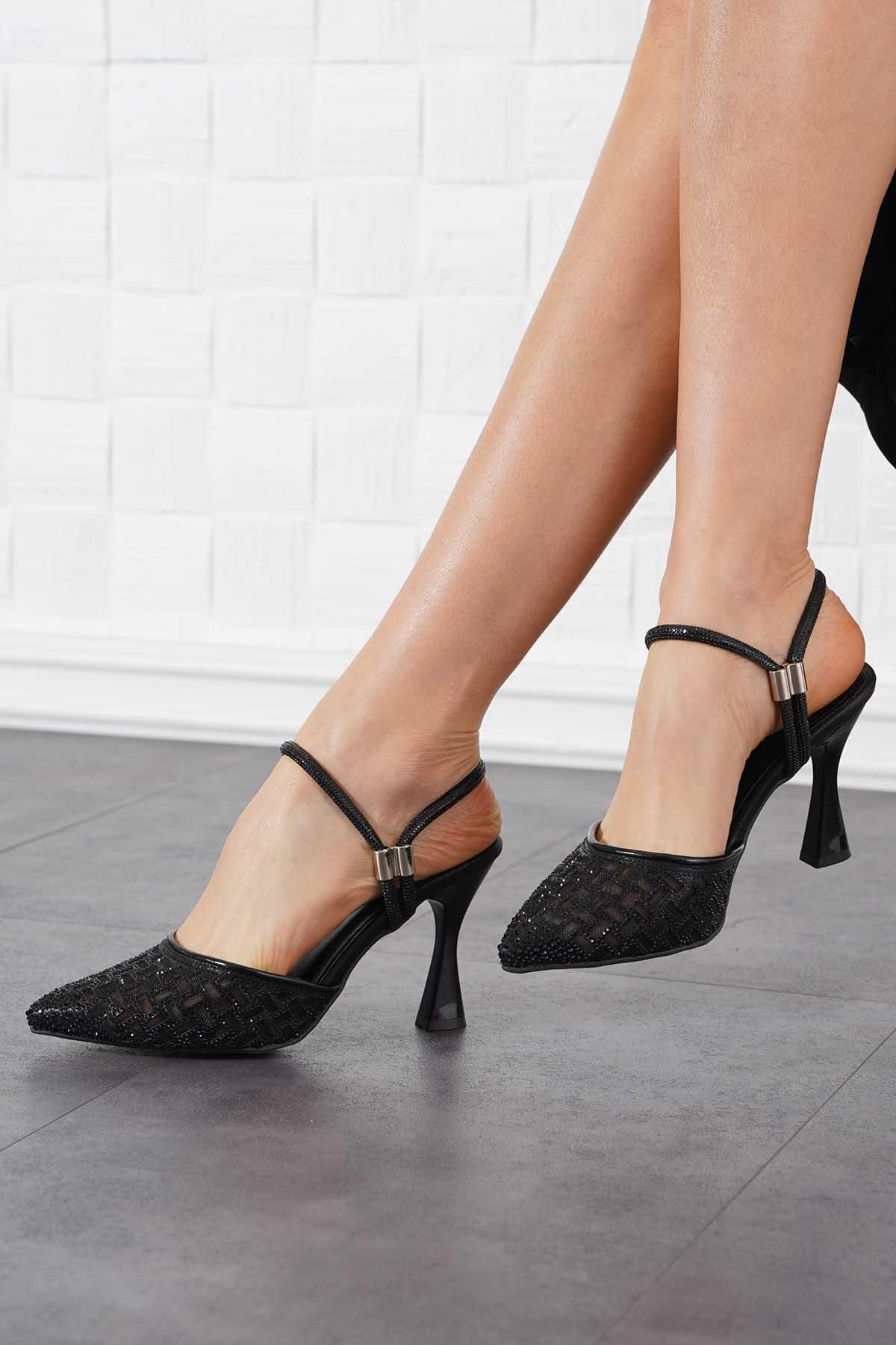 Serrette File Taşlı Kadın Abiye Ayakkabı Siyah Sultan