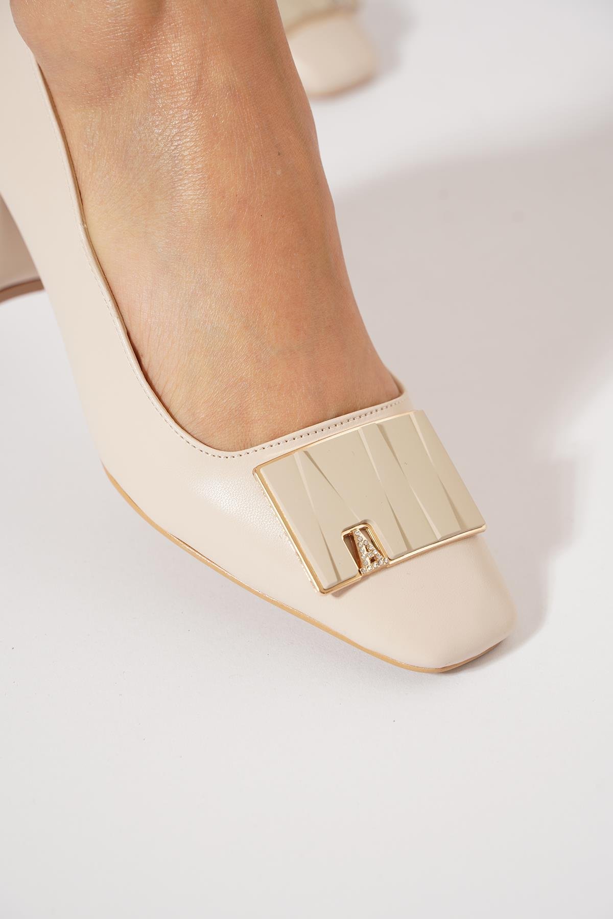 Setar Toka A Taşlı Kadın Topuklu Ayakkabı Bej Cilt