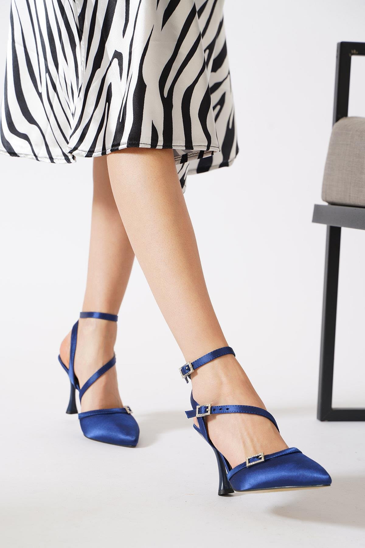 Talimes Üç Tokalı Kadın Abiye Ayakkabı Lacivert Saten