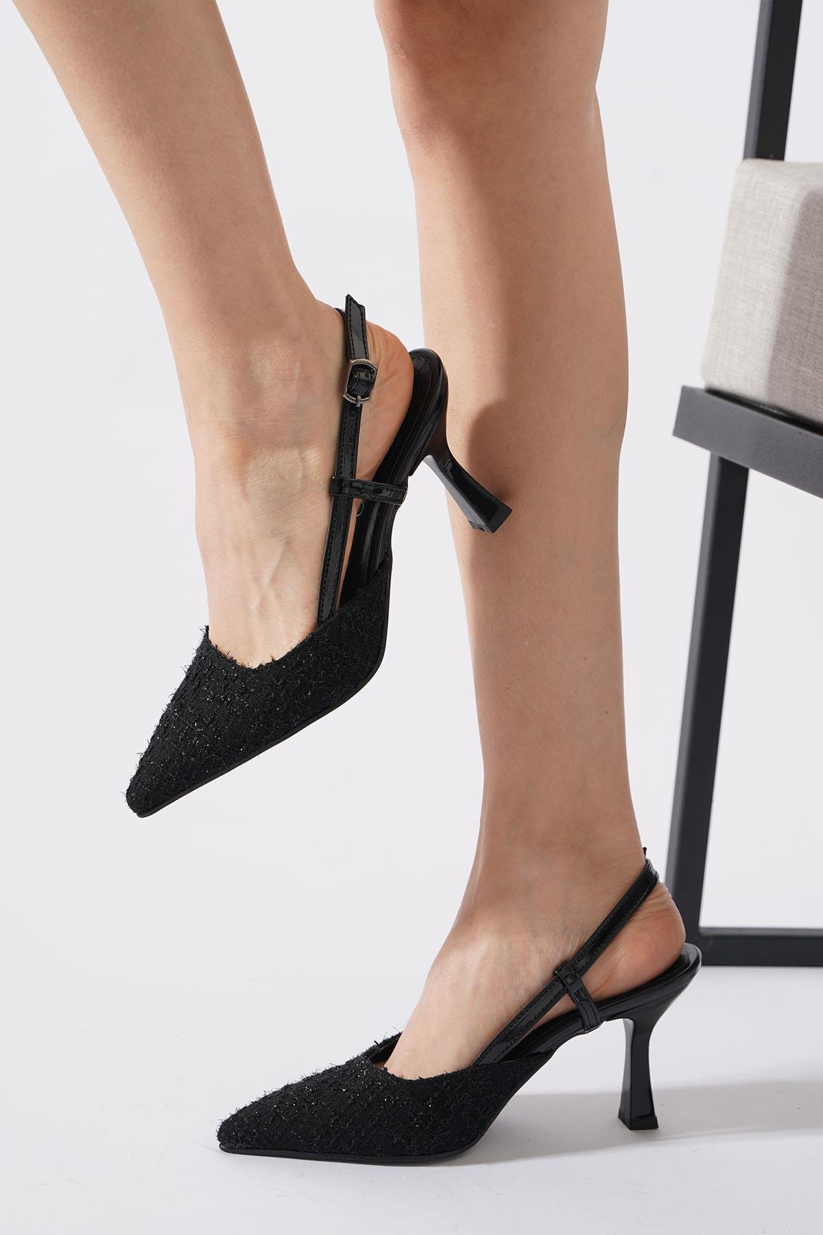 Tasbe Yan Direk  Arka Açık Kadın  Ayakkabı Siyah Tüvit