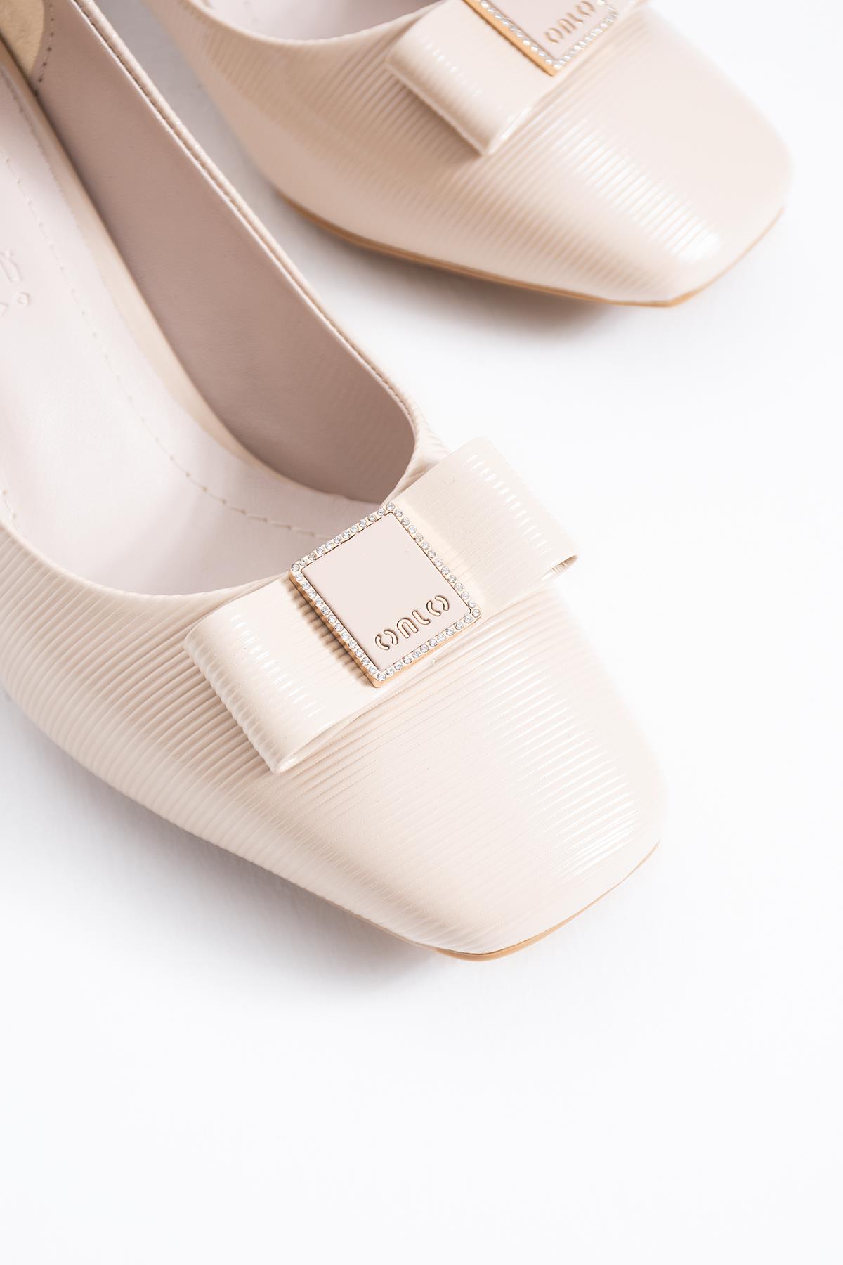 Teral Kurdele Tokalı Kadın Topuklu Ayakkabı Bej Rugan