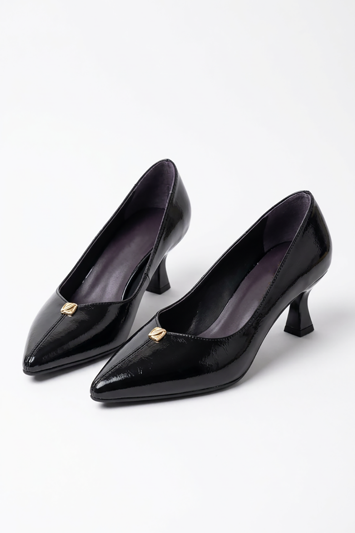 Tokes Ön Dikişli Tokalı Kadın Alçak Topuklu Stiletto Siyah Kırısık