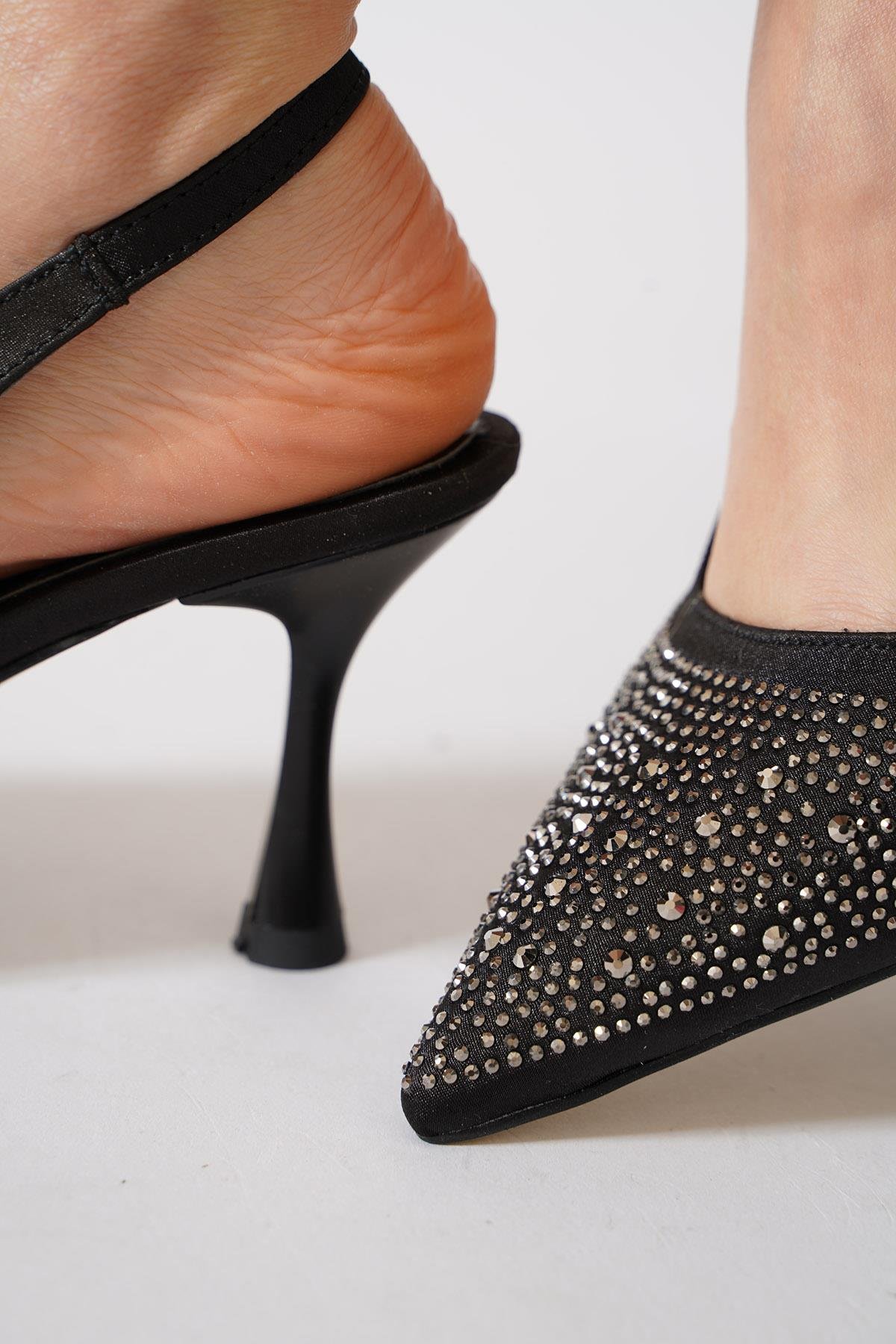 Ulena Komple Taşl Arka Açık Kadın Topuklu Ayakkabı Siyah Saten