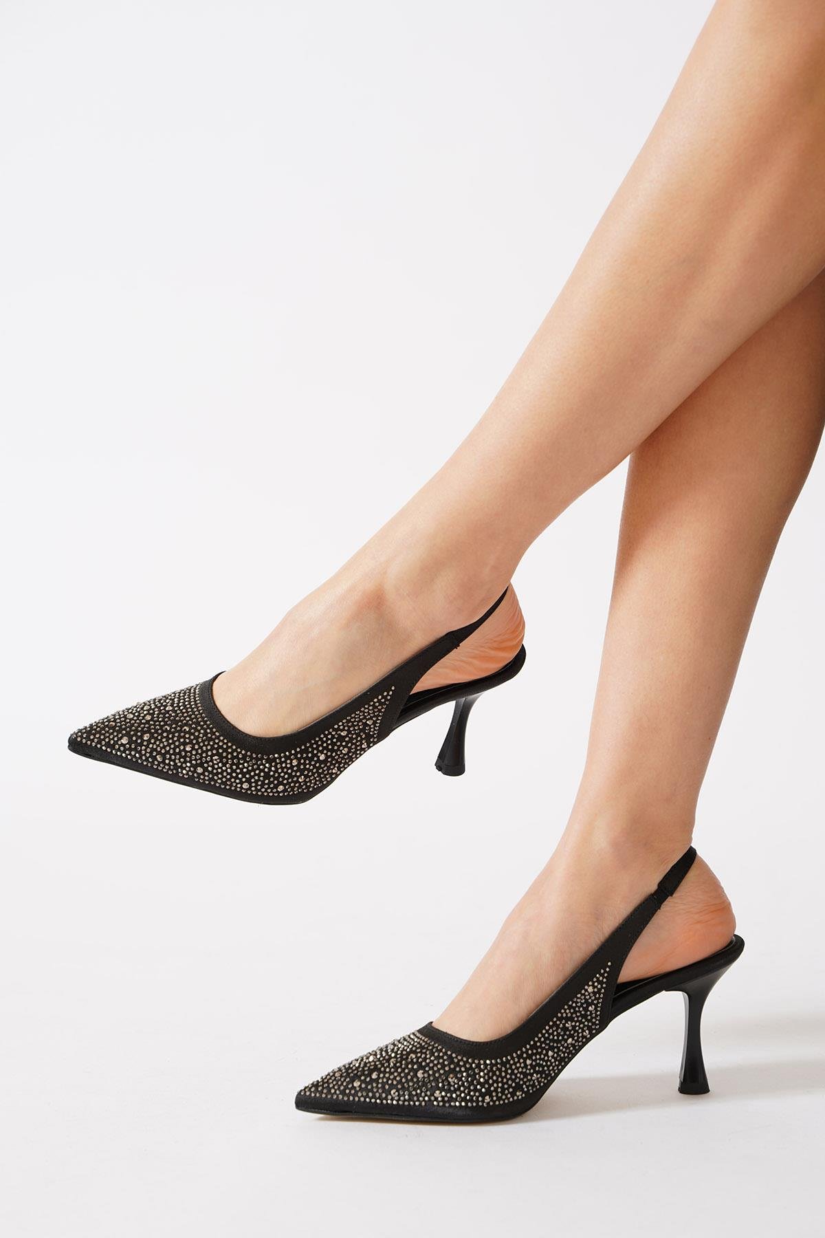 Ulena Komple Taşl Arka Açık Kadın Topuklu Ayakkabı Siyah Saten