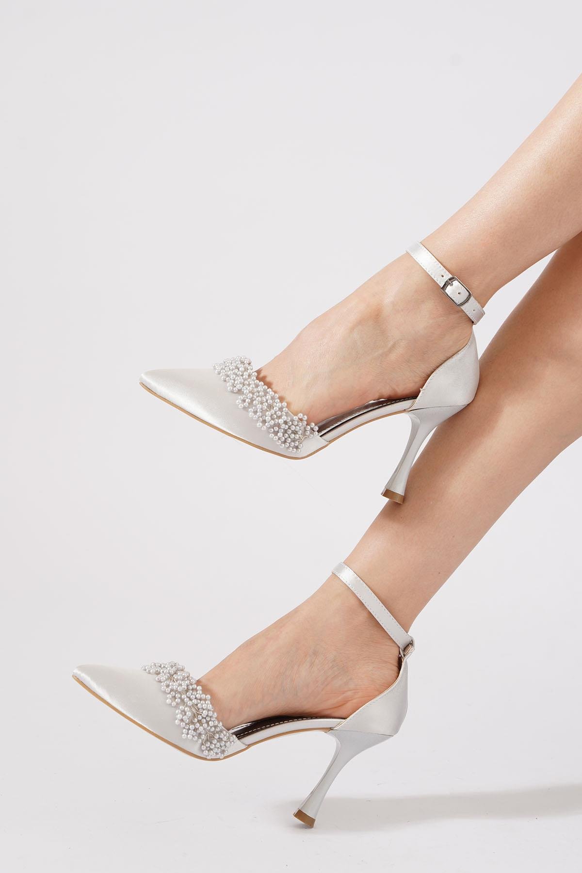 Vanles İncili Bilek Atkı Kadın Abiye Ayakkabı Gümüş Saten