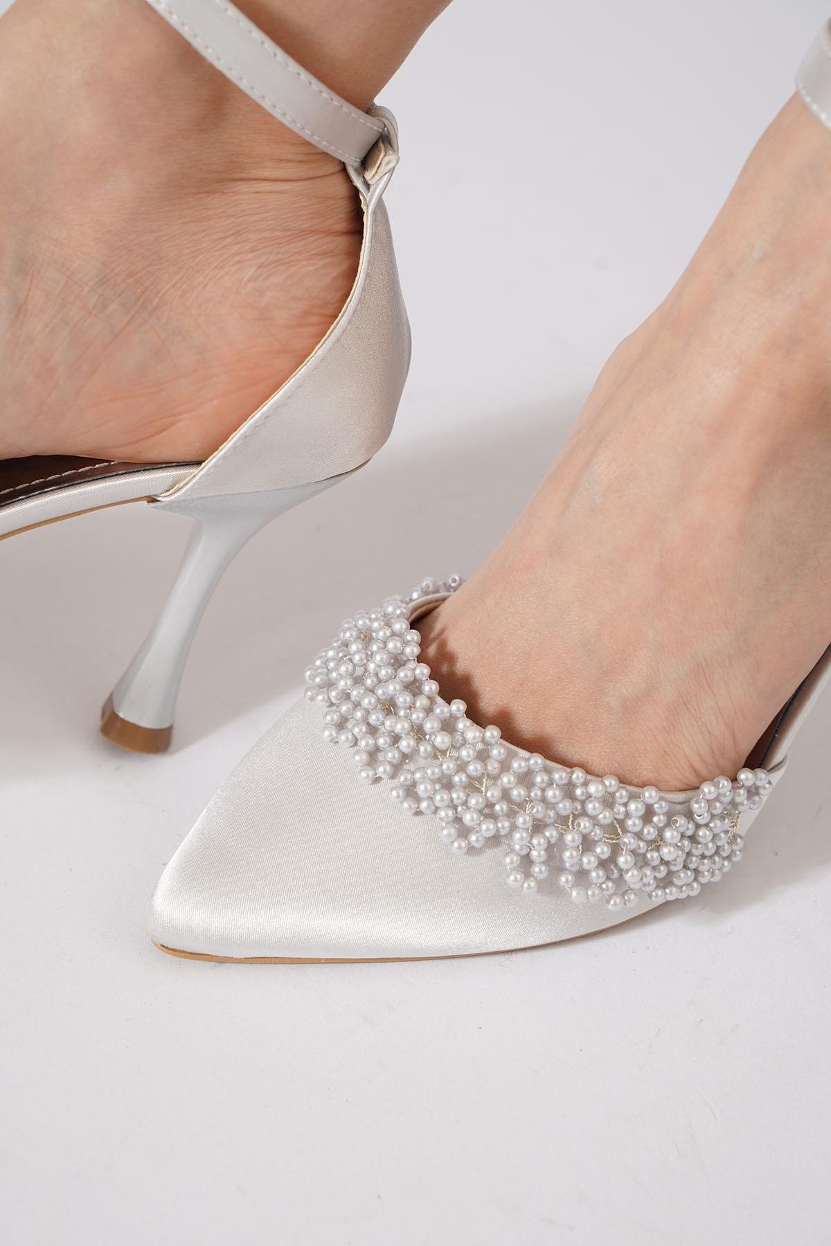 Vanles İncili Bilek Atkı Kadın Abiye Ayakkabı Gümüş Saten