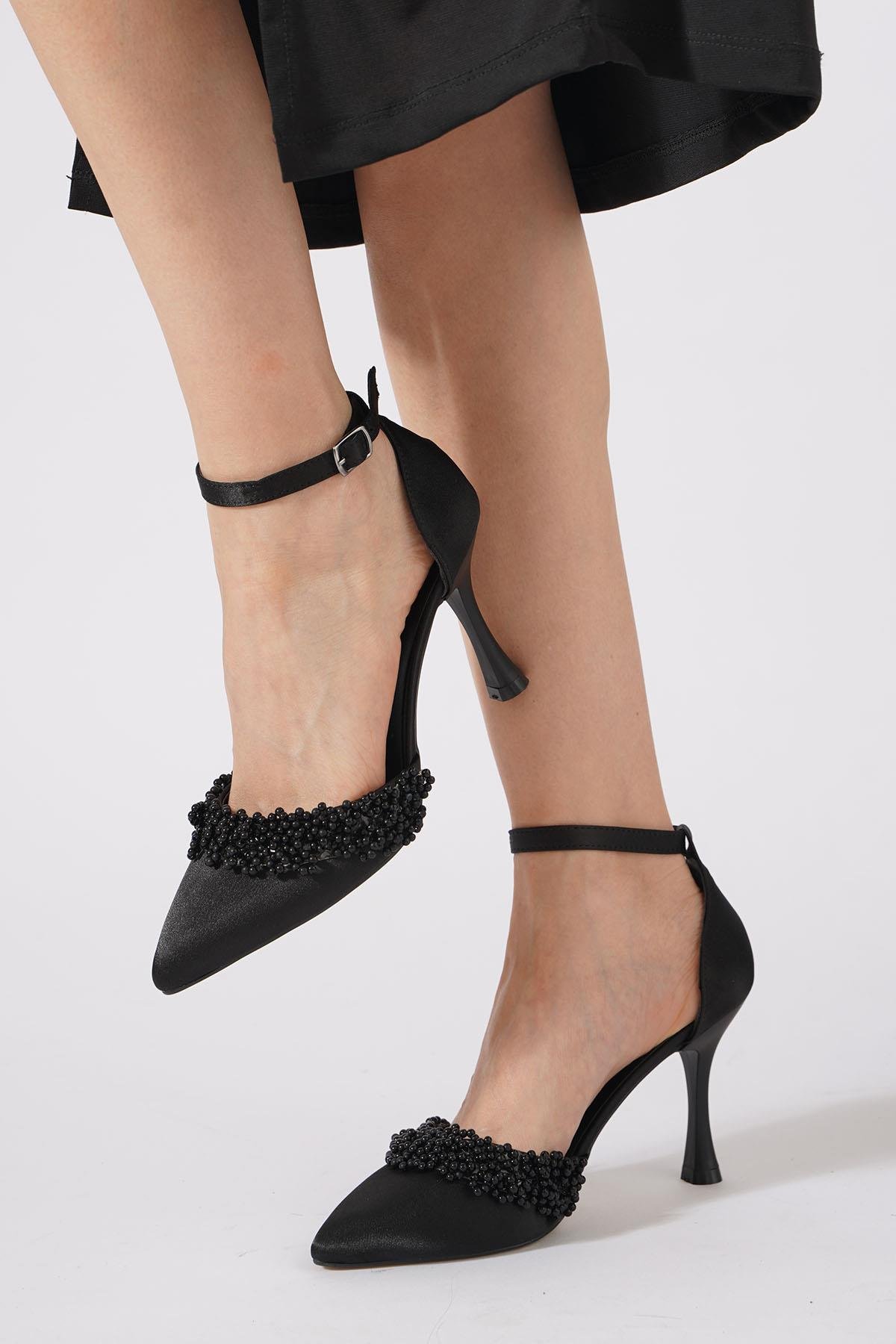 Vanles İncili Bilek Atkı Kadın Abiye Ayakkabı Siyah Saten