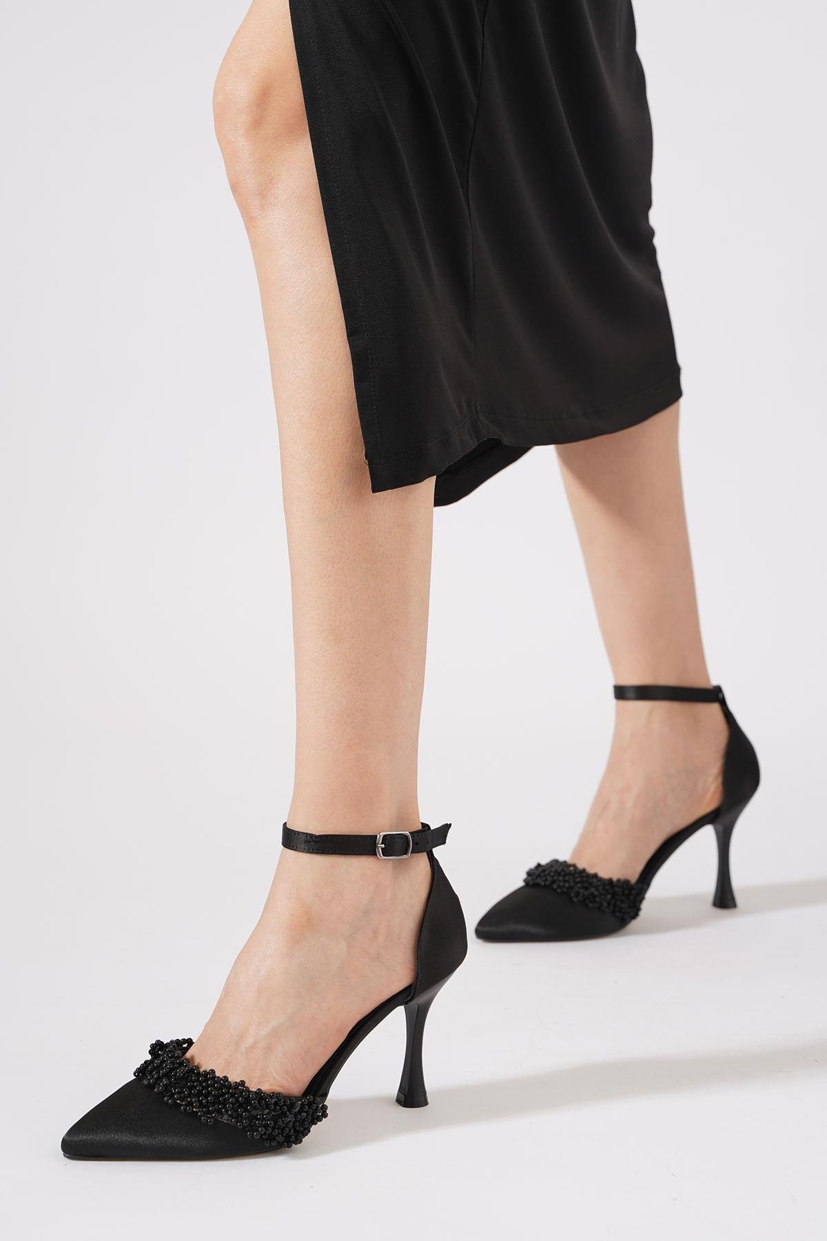 Vanles İncili Bilek Atkı Kadın Abiye Ayakkabı Siyah Saten