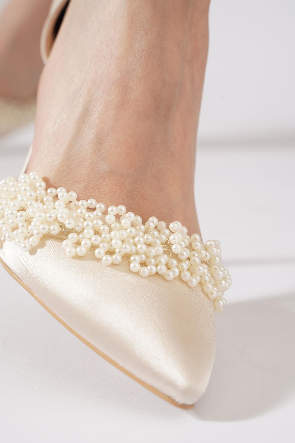 Vanles İncili Bilek Atkı Kadın Abiye Ayakkabı Ten Saten